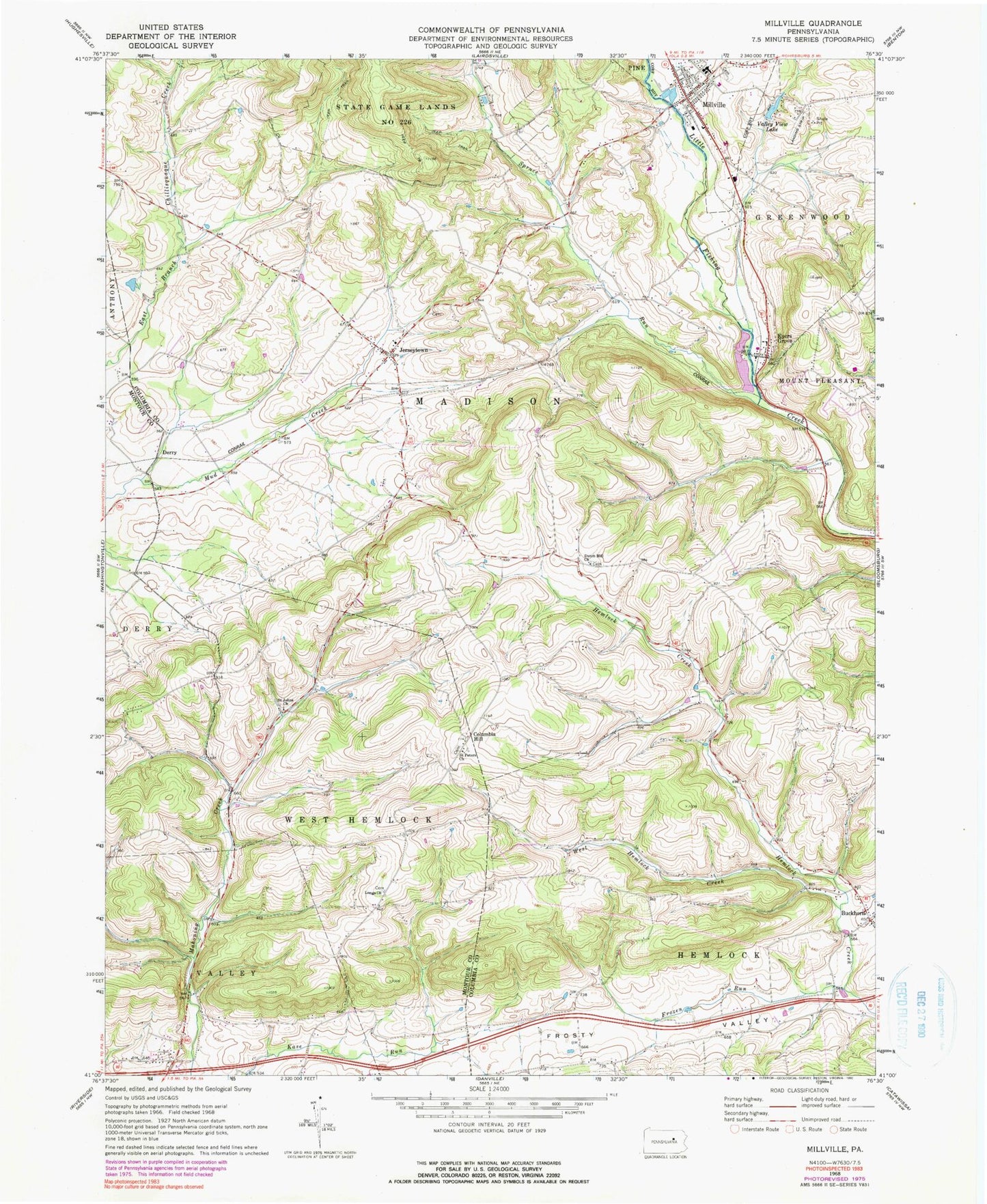 Classic USGS Millville Pennsylvania 7.5'x7.5' Topo Map Image