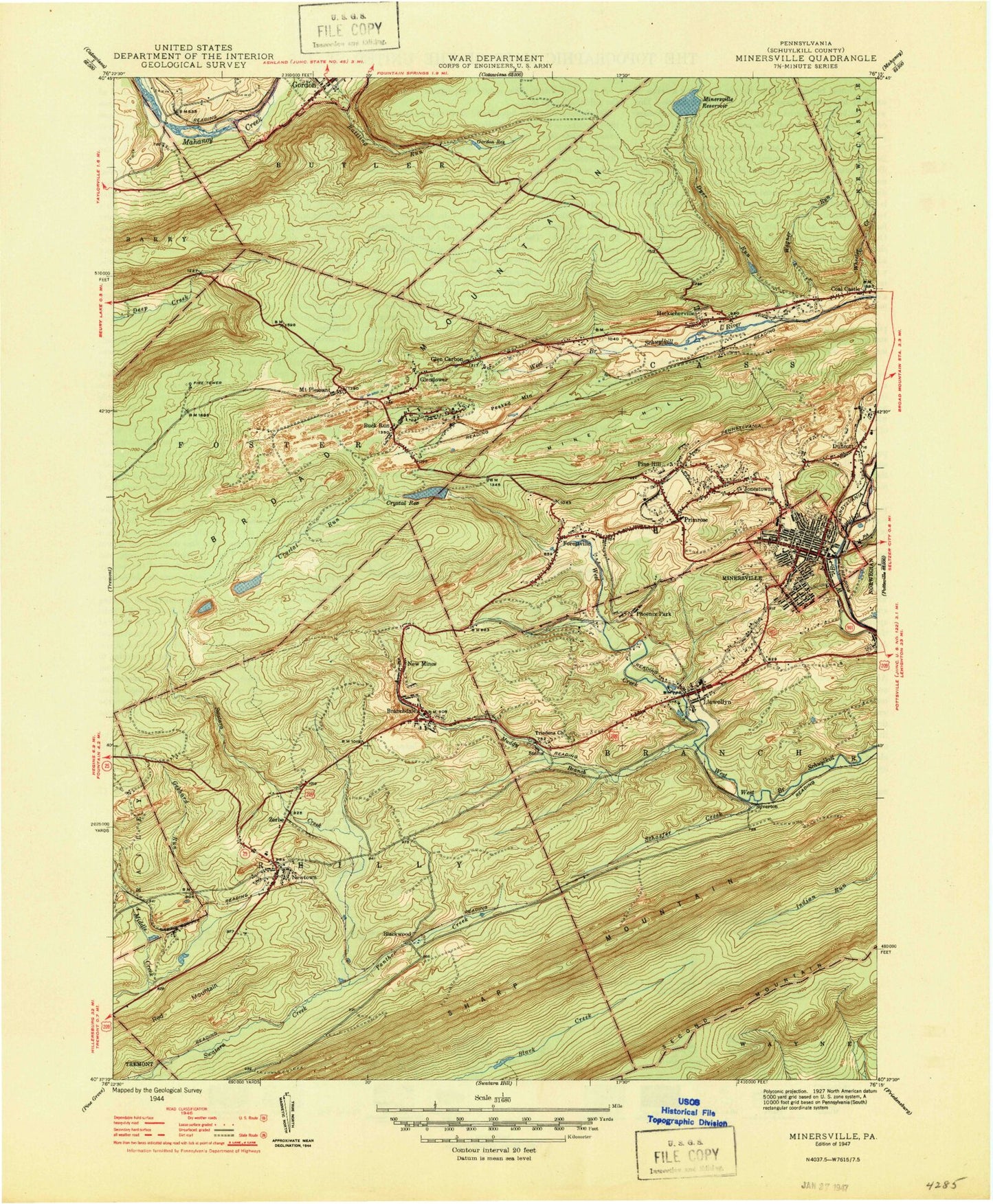 Classic USGS Minersville Pennsylvania 7.5'x7.5' Topo Map Image