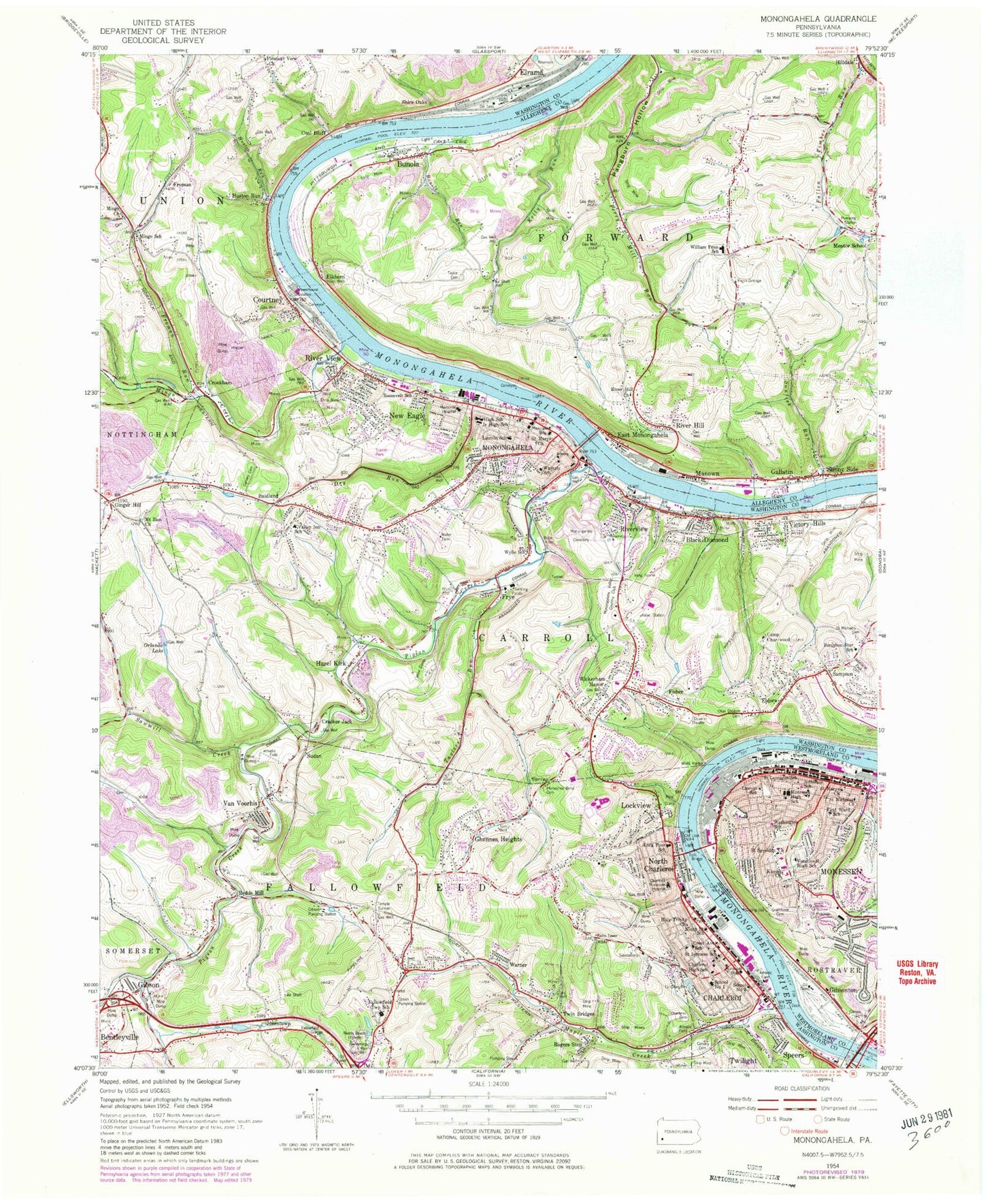 Classic USGS Monongahela Pennsylvania 7.5'x7.5' Topo Map Image