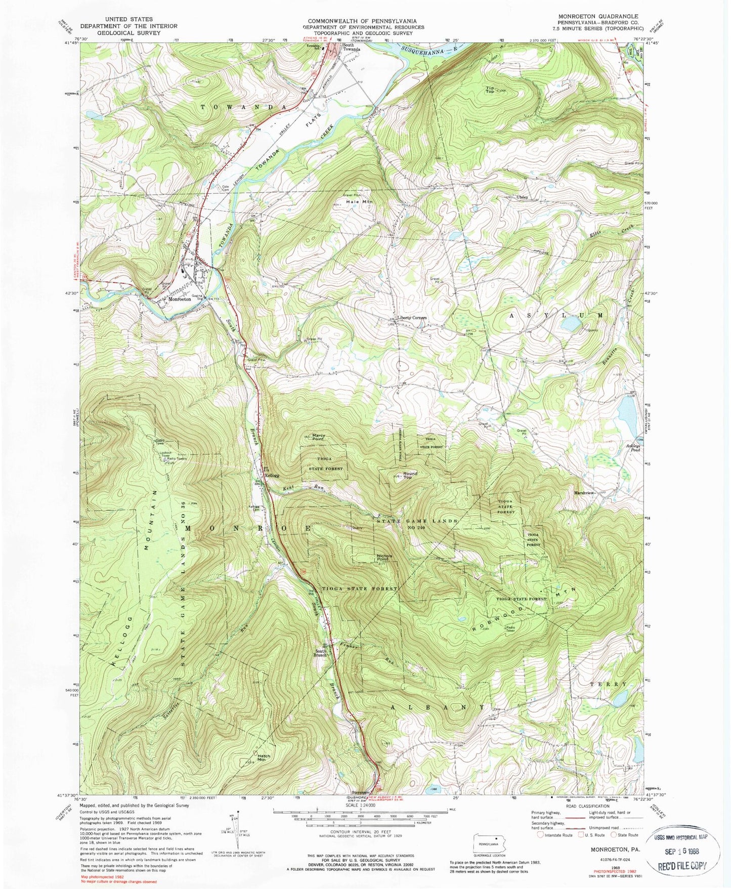 Classic USGS Monroeton Pennsylvania 7.5'x7.5' Topo Map Image