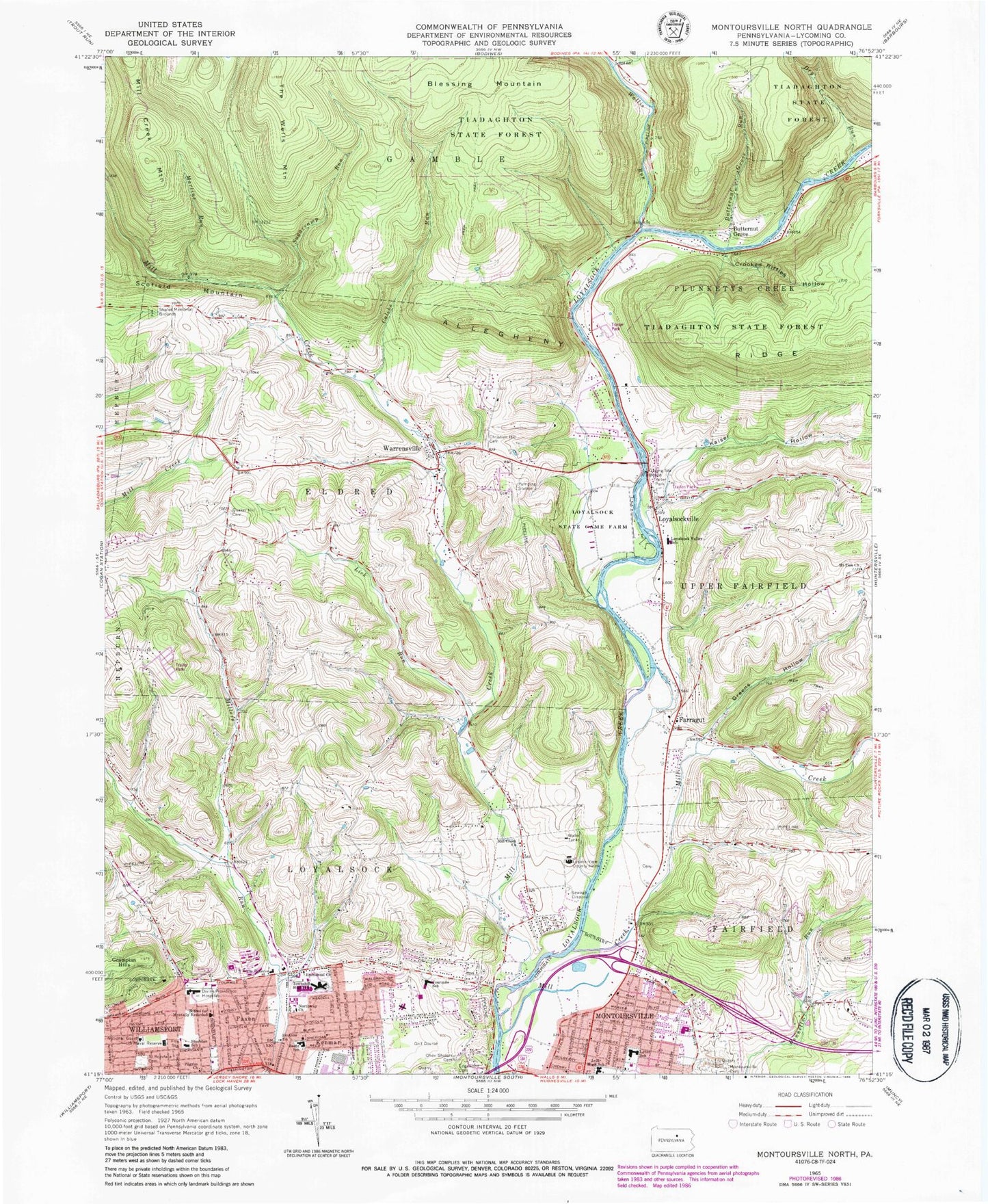 Classic USGS Montoursville North Pennsylvania 7.5'x7.5' Topo Map Image