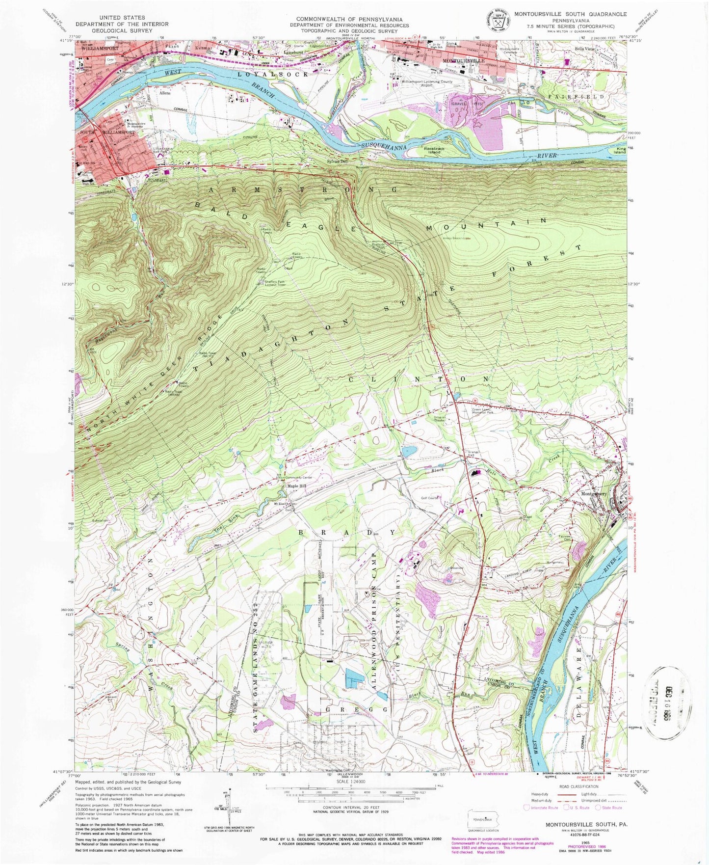 Classic USGS Montoursville South Pennsylvania 7.5'x7.5' Topo Map Image