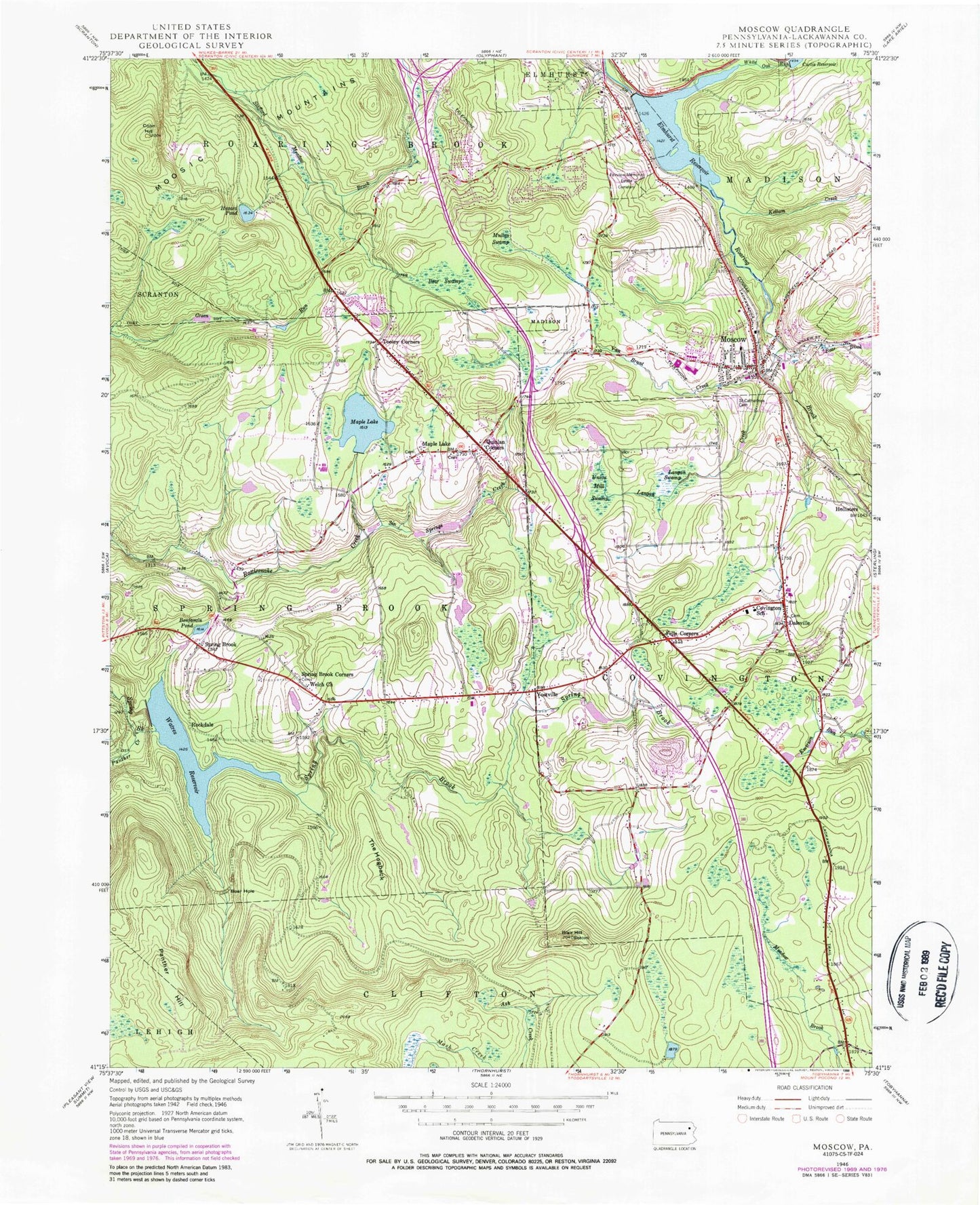 Classic USGS Moscow Pennsylvania 7.5'x7.5' Topo Map Image