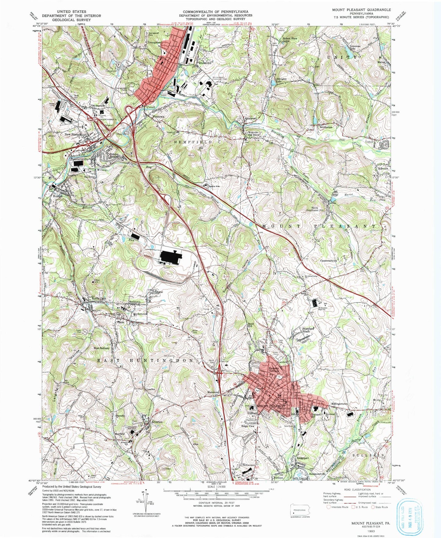 Classic USGS Mount Pleasant Pennsylvania 7.5'x7.5' Topo Map Image