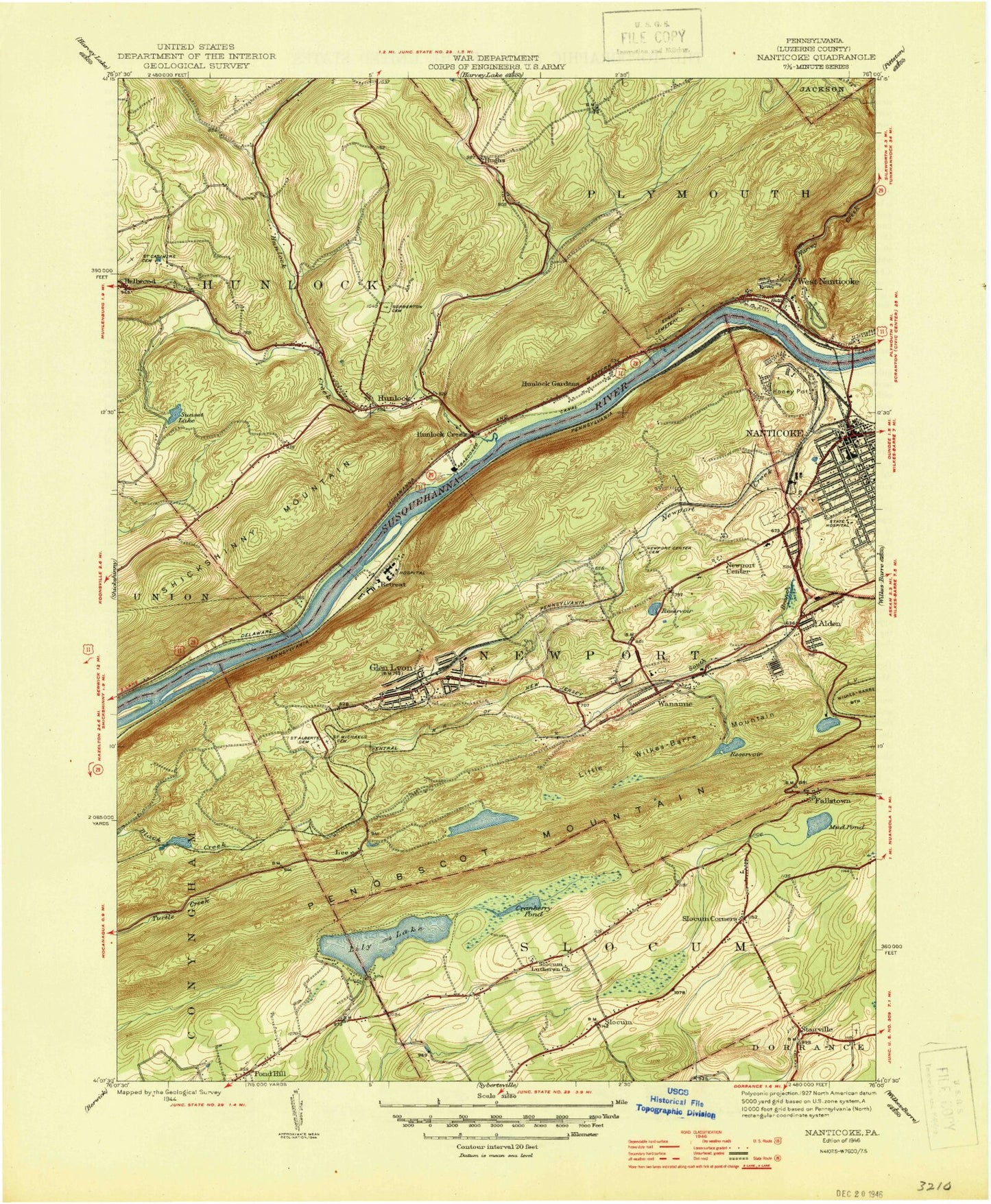 Classic USGS Nanticoke Pennsylvania 7.5'x7.5' Topo Map Image