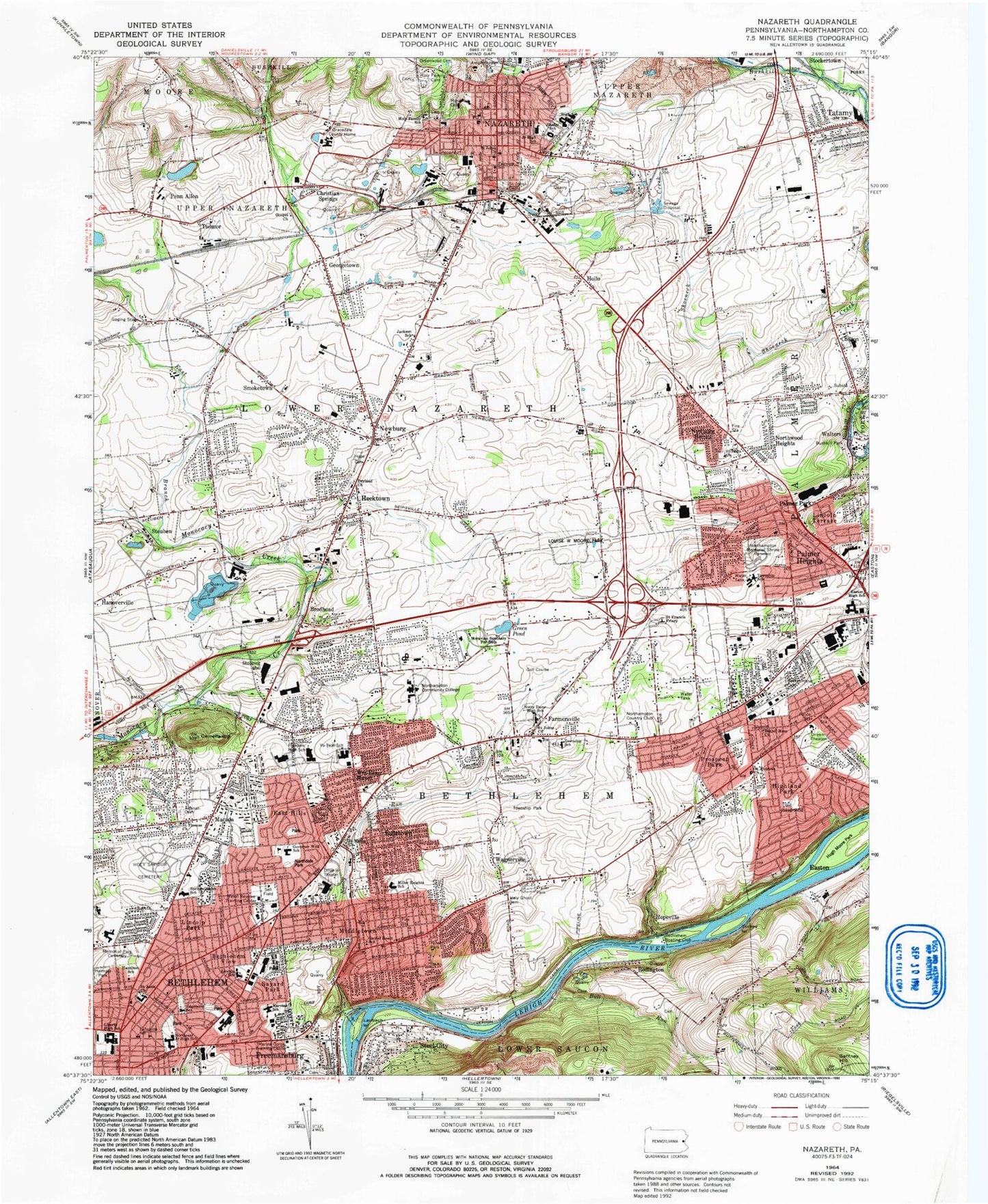 Classic USGS Nazareth Pennsylvania 7.5'x7.5' Topo Map Image