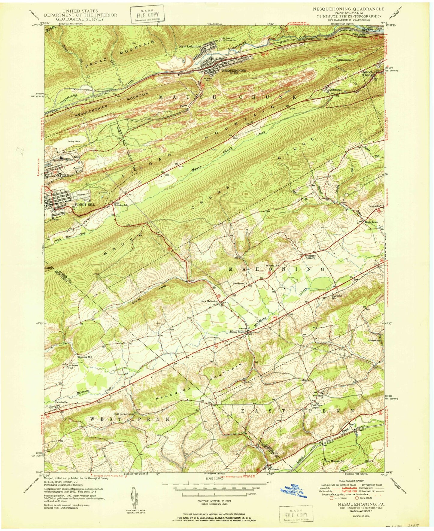 Classic USGS Nesquehoning Pennsylvania 7.5'x7.5' Topo Map Image
