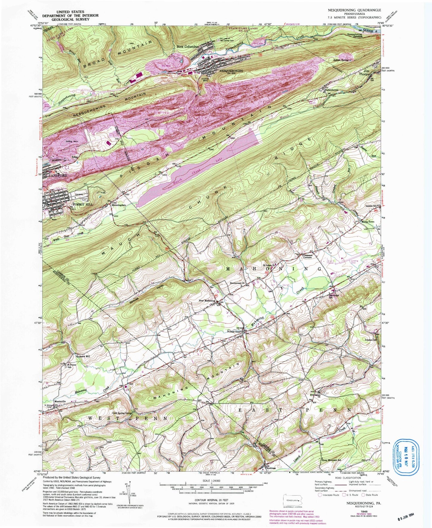 Classic USGS Nesquehoning Pennsylvania 7.5'x7.5' Topo Map Image