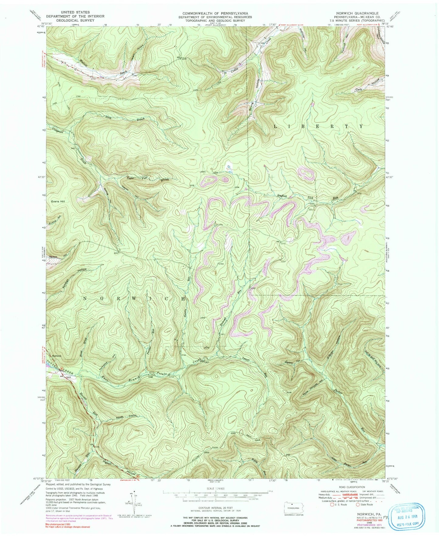 Classic USGS Norwich Pennsylvania 7.5'x7.5' Topo Map Image