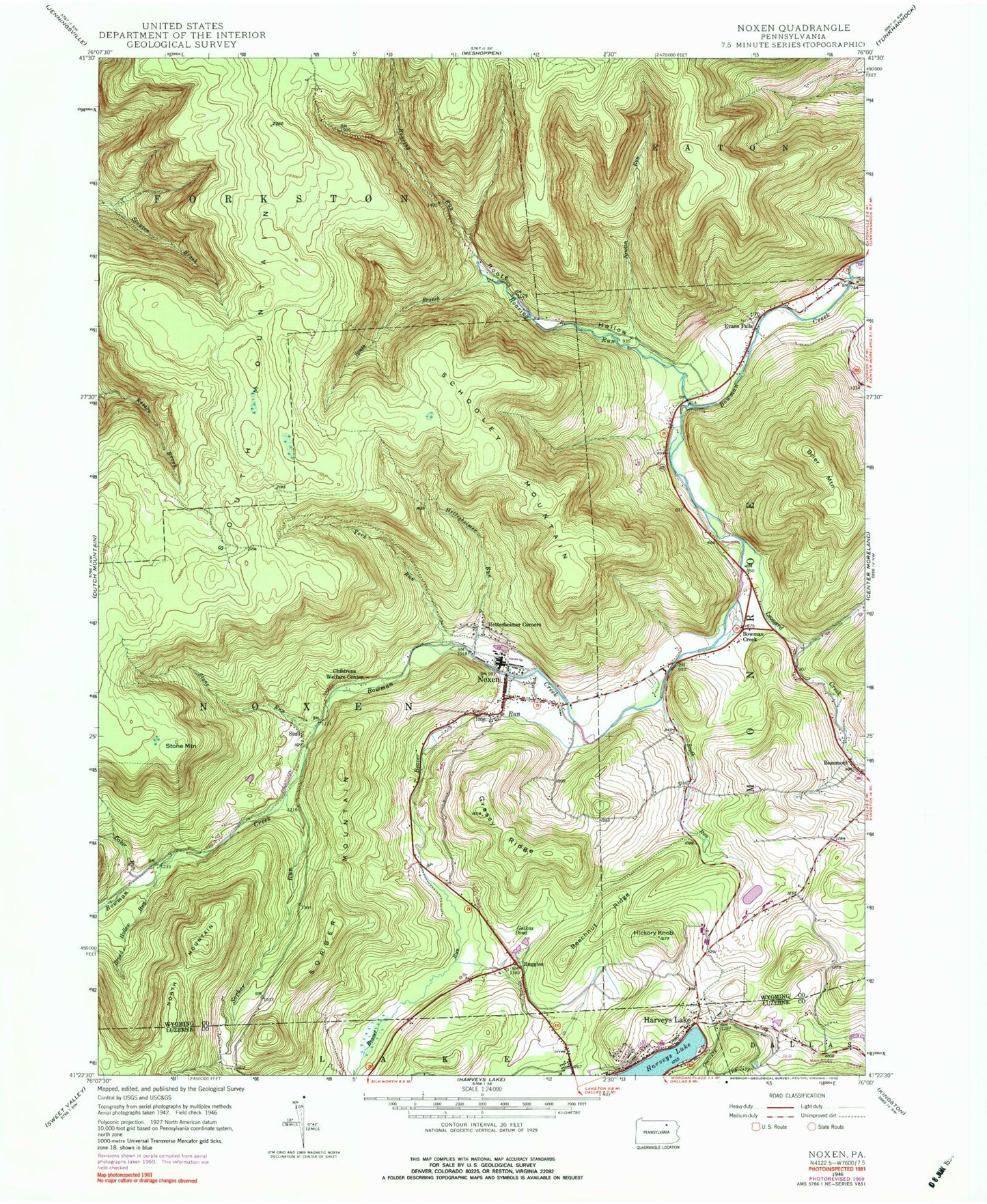 Classic USGS Noxen Pennsylvania 7.5'x7.5' Topo Map Image