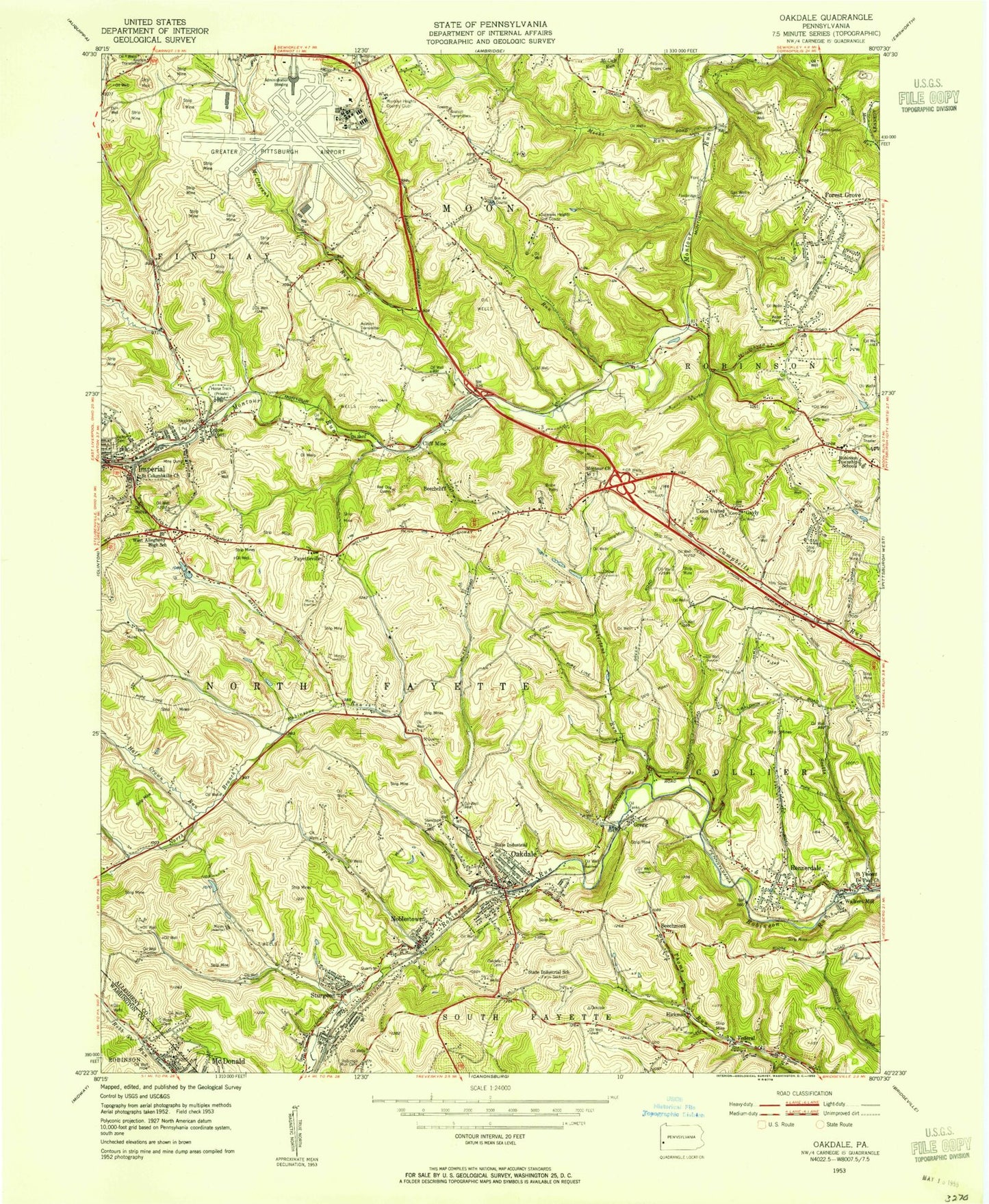 Classic USGS Oakdale Pennsylvania 7.5'x7.5' Topo Map Image