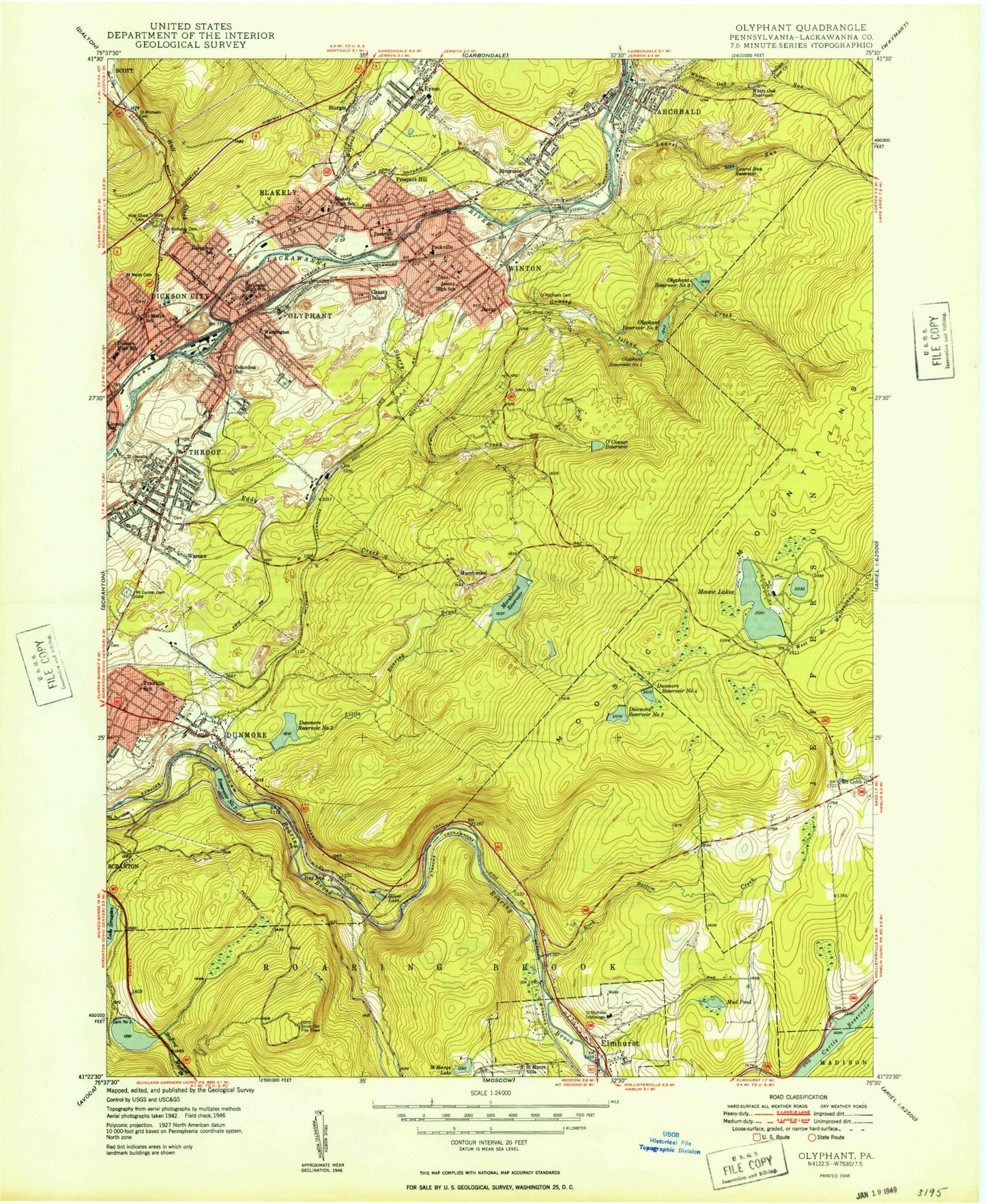 Classic USGS Olyphant Pennsylvania 7.5'x7.5' Topo Map Image