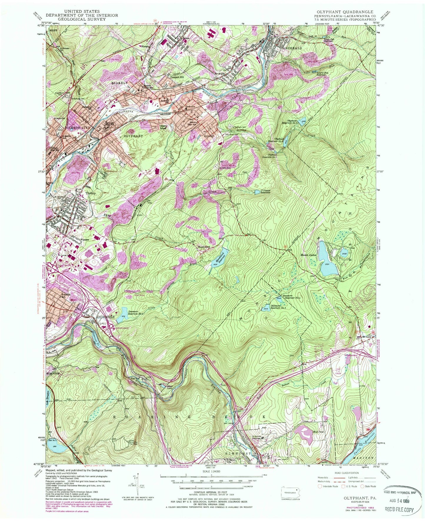 Classic USGS Olyphant Pennsylvania 7.5'x7.5' Topo Map Image