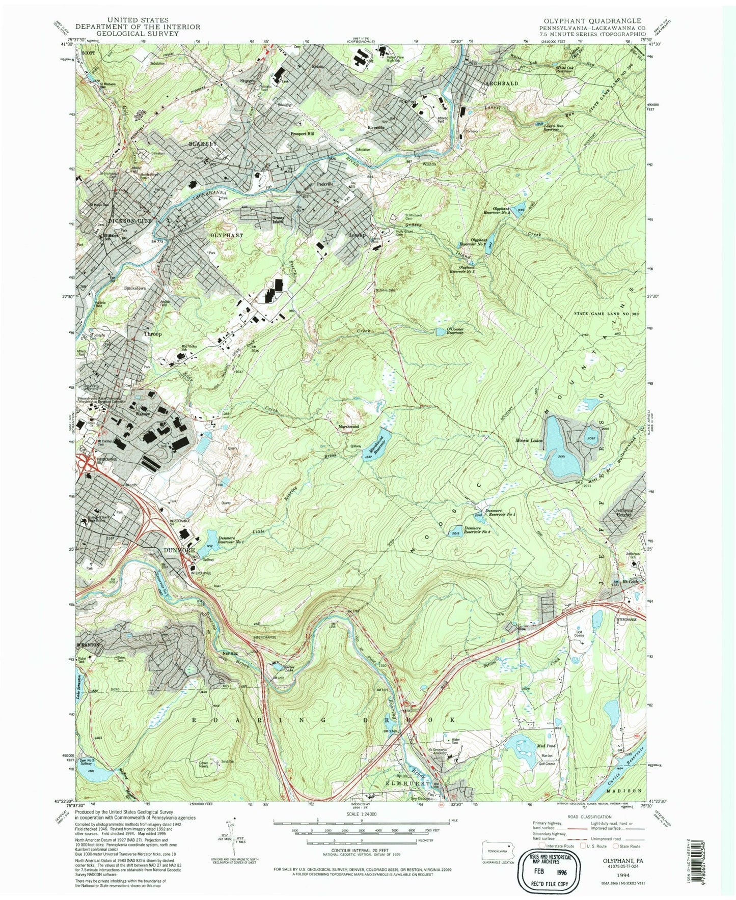 Classic USGS Olyphant Pennsylvania 7.5'x7.5' Topo Map Image