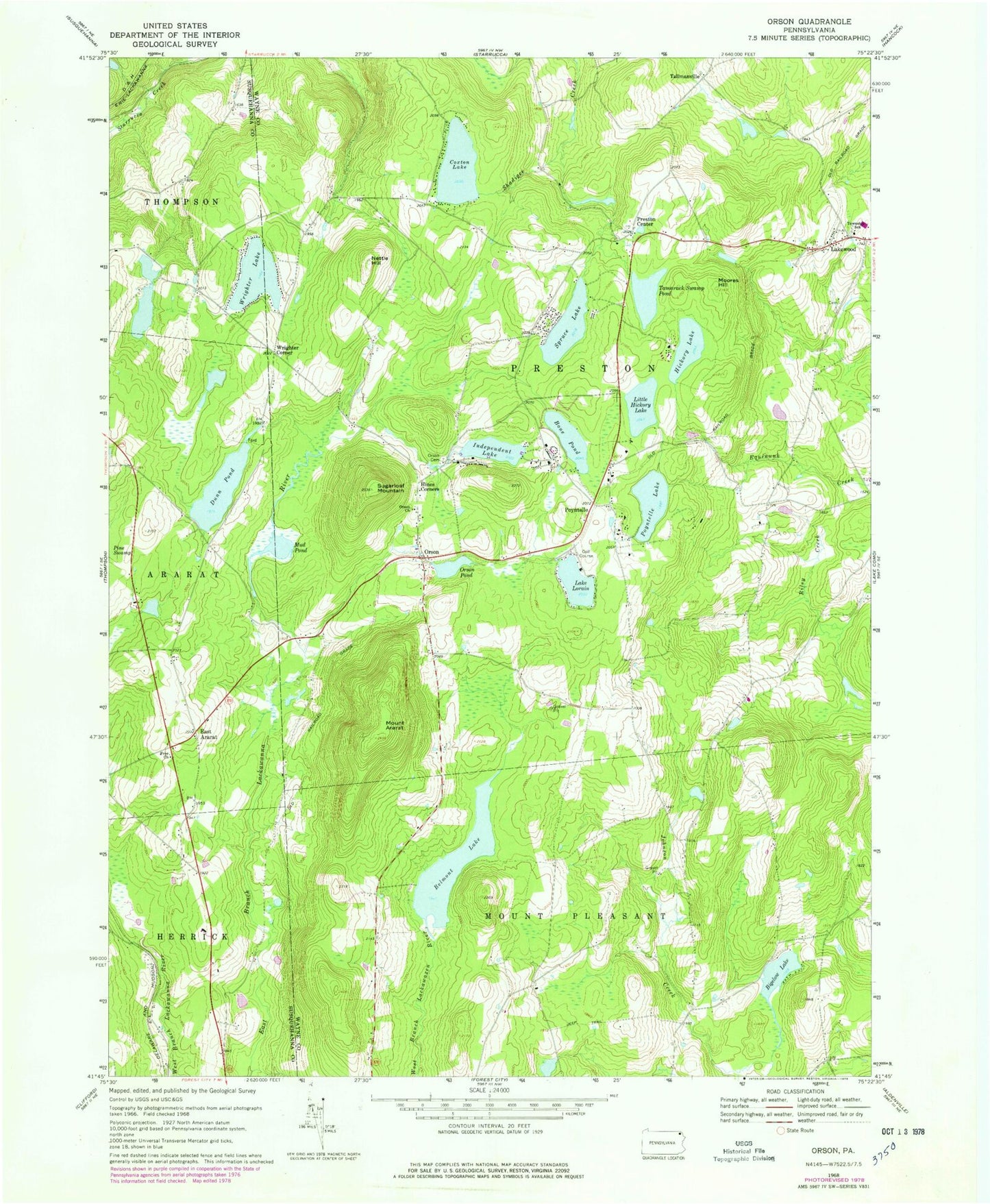 Classic USGS Orson Pennsylvania 7.5'x7.5' Topo Map Image