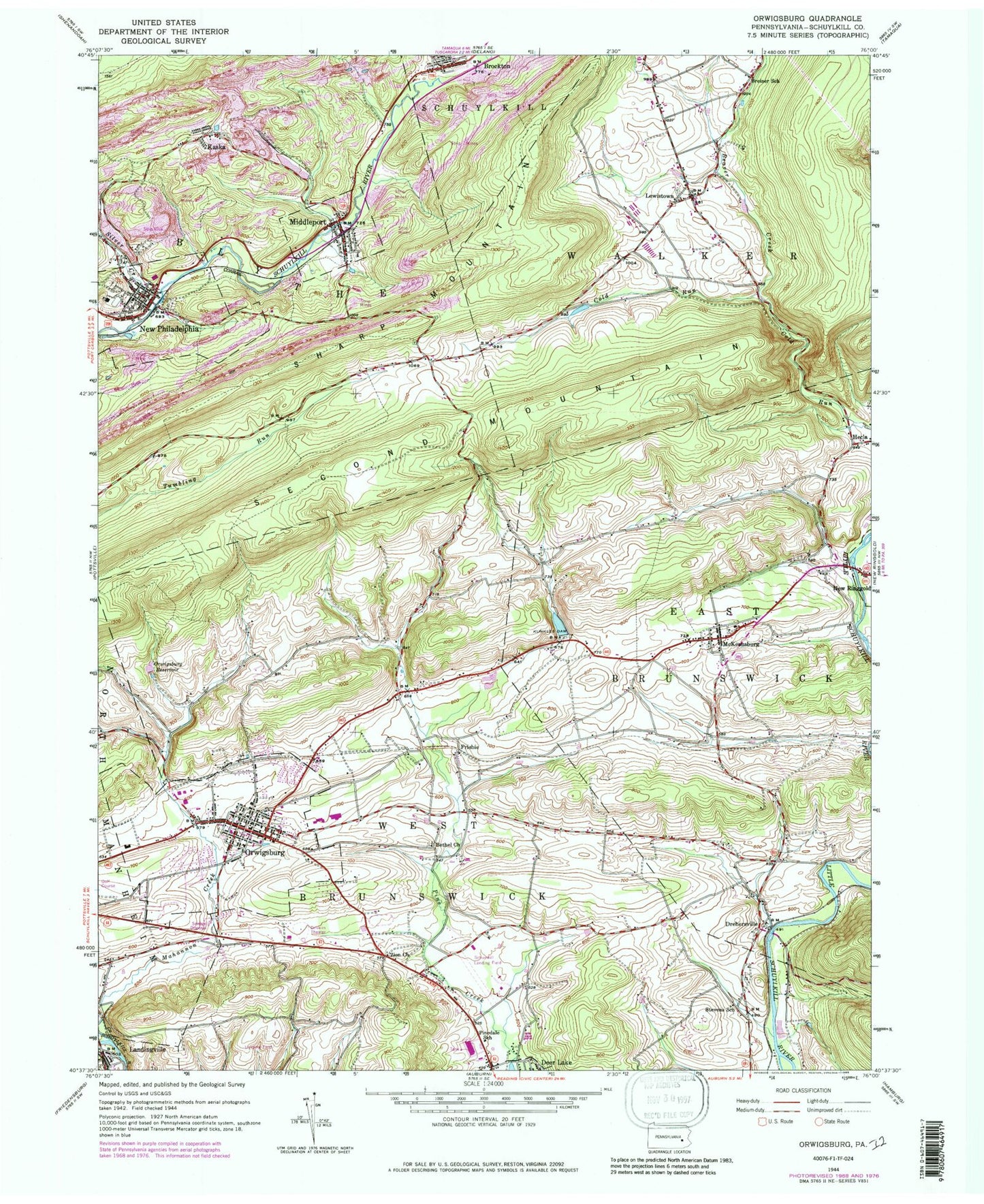 Classic USGS Orwigsburg Pennsylvania 7.5'x7.5' Topo Map Image