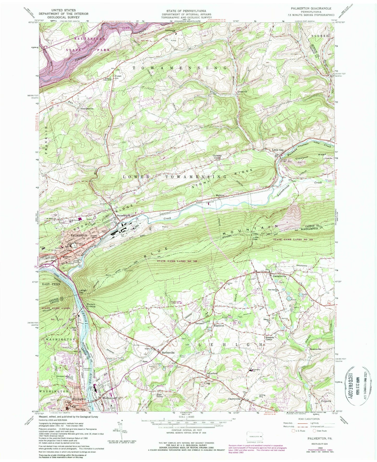 Classic USGS Palmerton Pennsylvania 7.5'x7.5' Topo Map Image