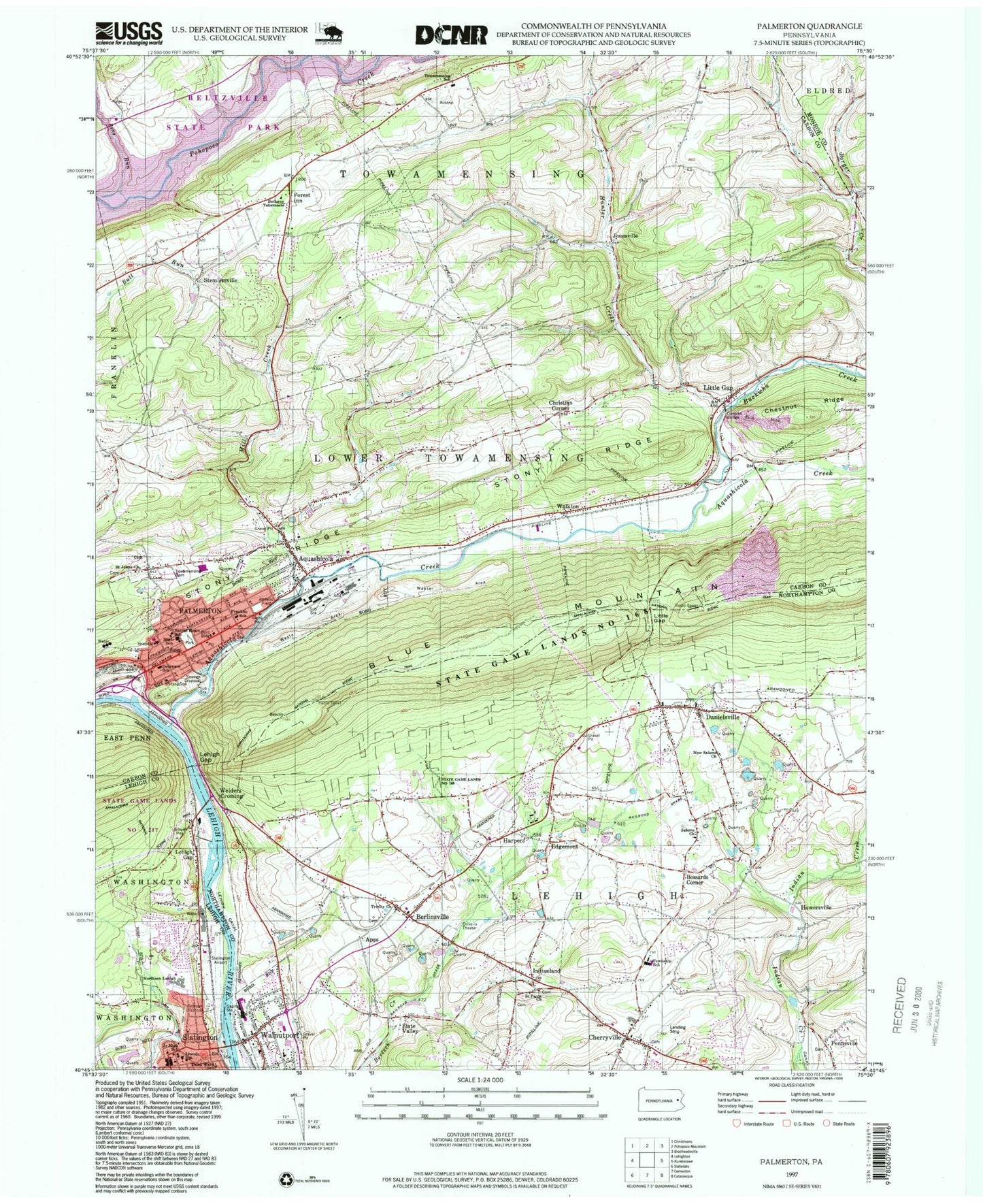 Classic USGS Palmerton Pennsylvania 7.5'x7.5' Topo Map Image