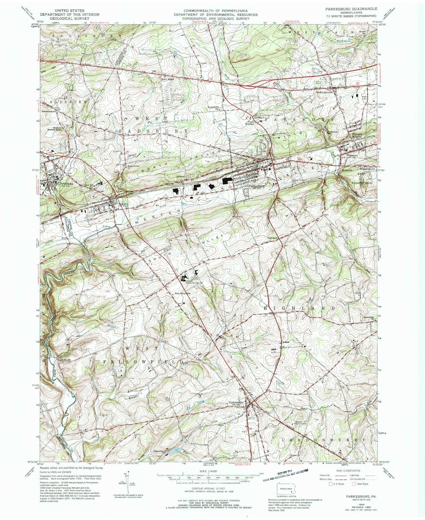 Classic USGS Parkesburg Pennsylvania 7.5'x7.5' Topo Map Image