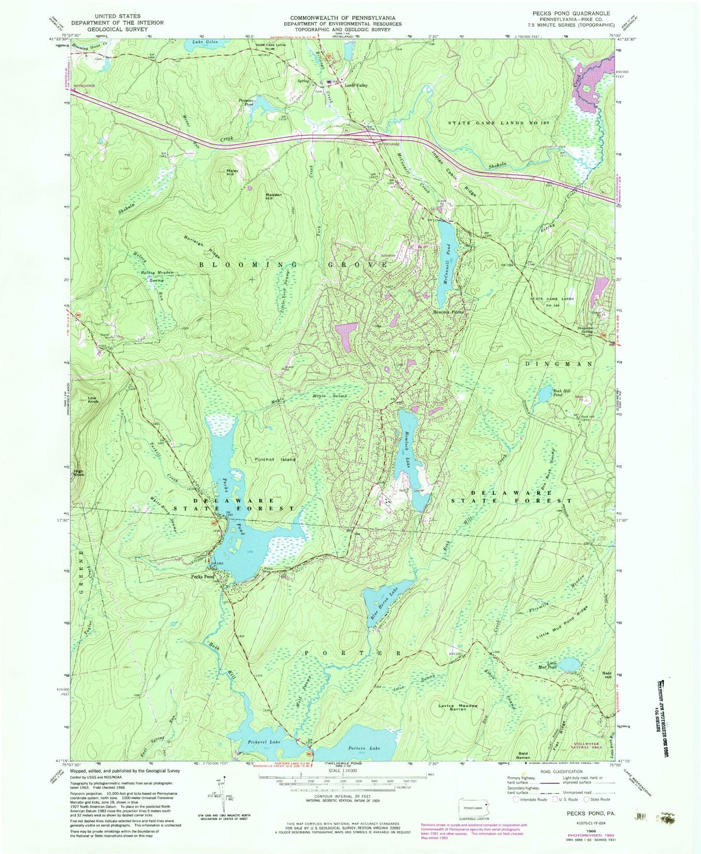Classic USGS Pecks Pond Pennsylvania 7.5'x7.5' Topo Map Image