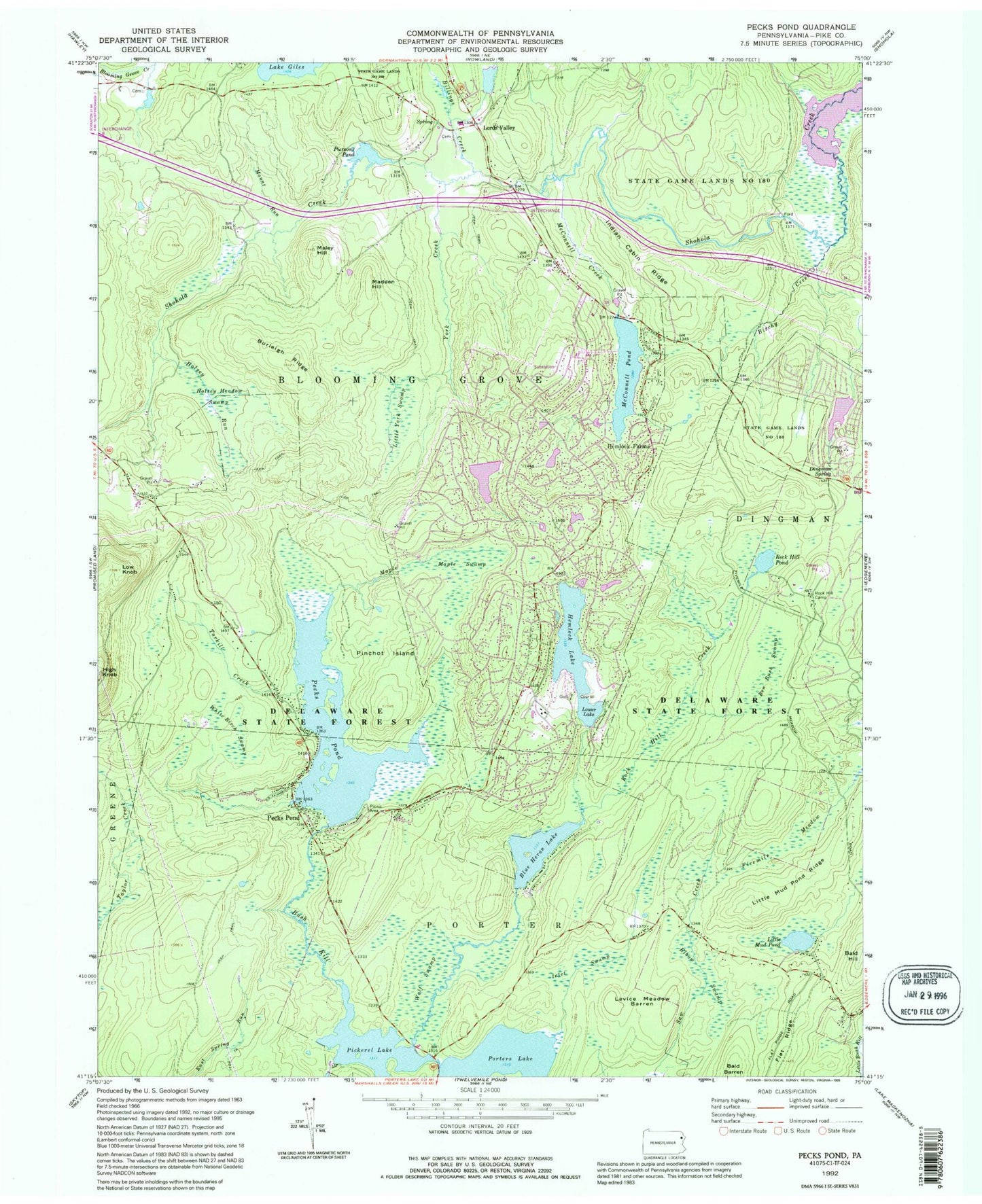 Classic USGS Pecks Pond Pennsylvania 7.5'x7.5' Topo Map Image