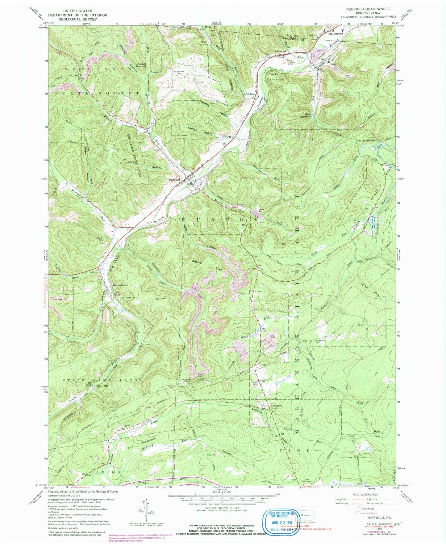 Classic USGS Penfield Pennsylvania 7.5'x7.5' Topo Map Image