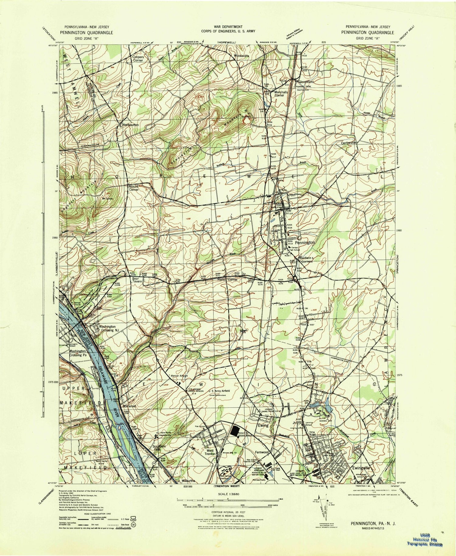 Classic USGS Pennington New Jersey 7.5'x7.5' Topo Map Image