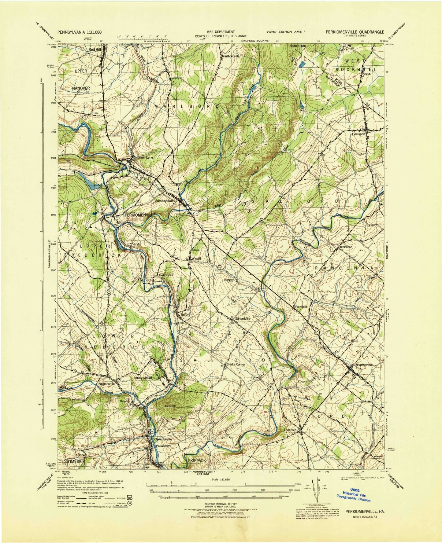 Classic USGS Perkiomenville Pennsylvania 7.5'x7.5' Topo Map Image