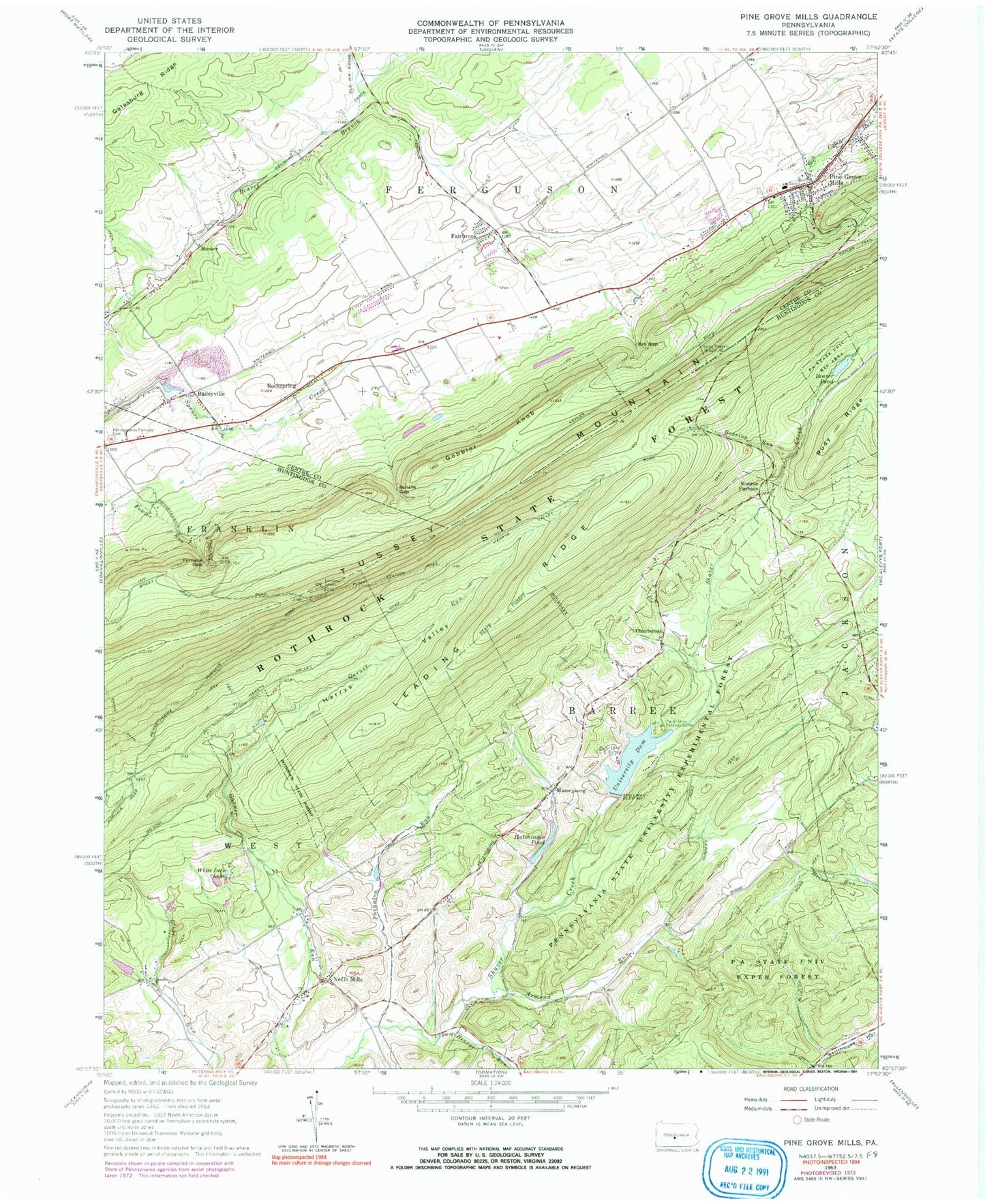 Classic USGS Pine Grove Mills Pennsylvania 7.5'x7.5' Topo Map Image