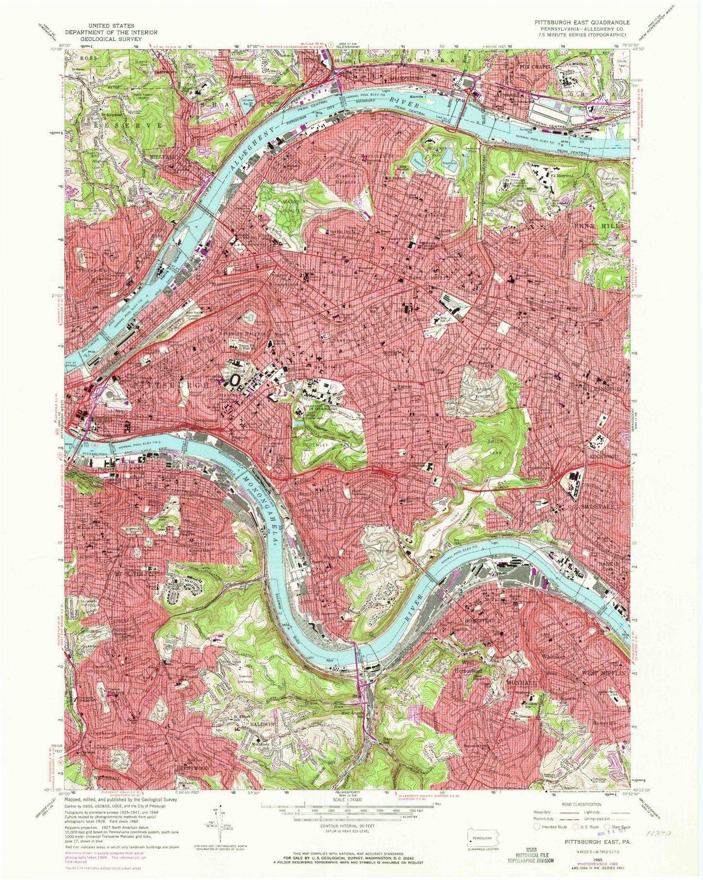 Classic USGS Pittsburgh East Pennsylvania 7.5'x7.5' Topo Map Image