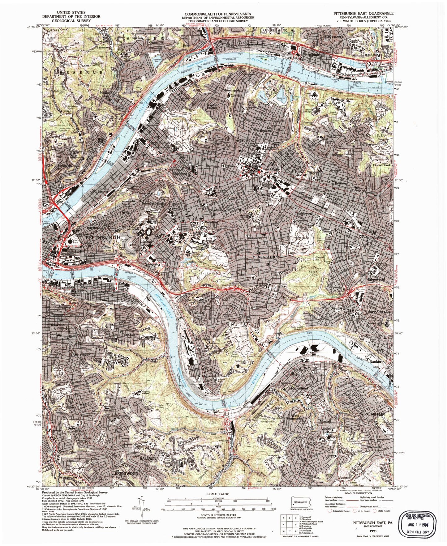 Classic USGS Pittsburgh East Pennsylvania 7.5'x7.5' Topo Map Image