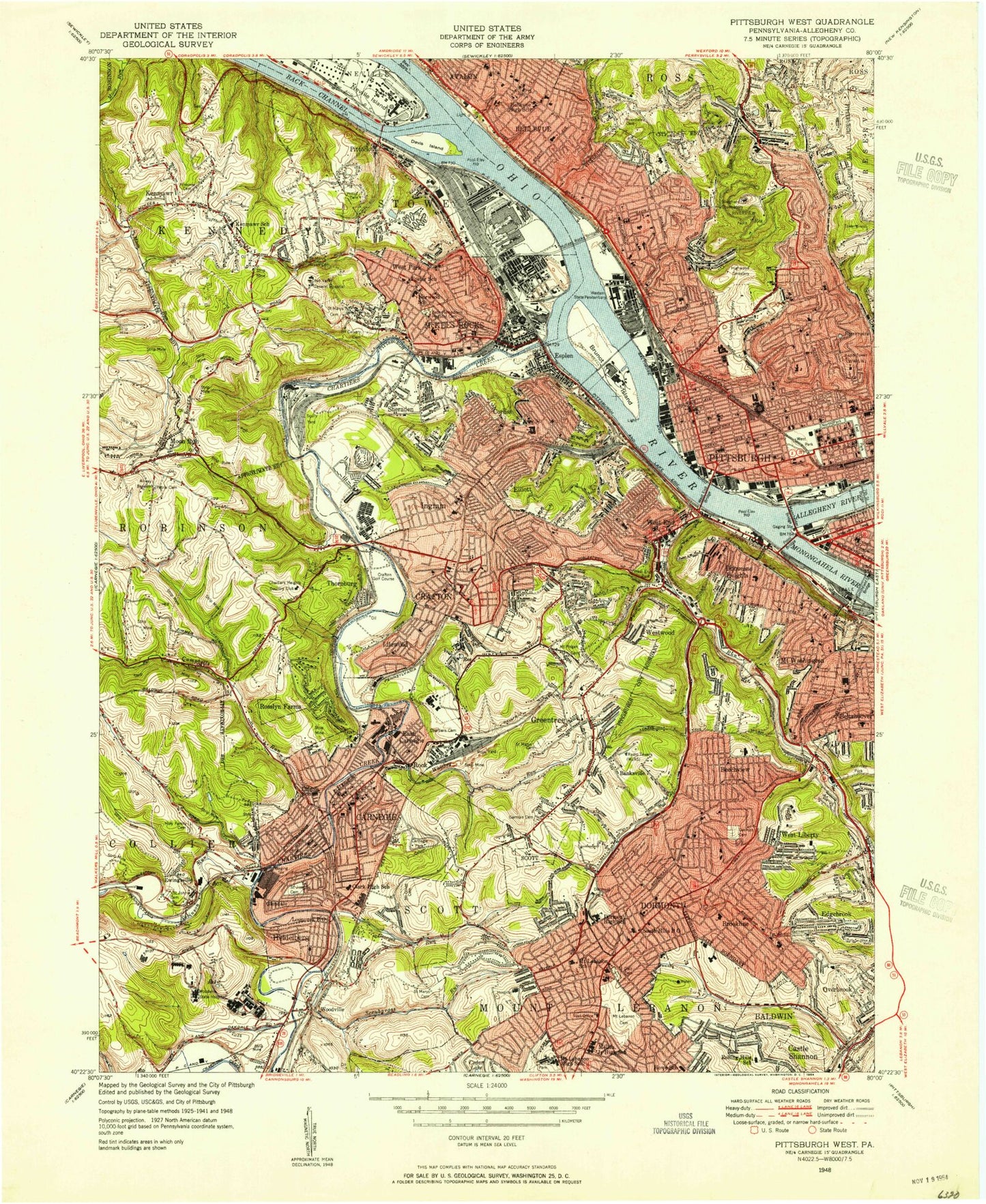 Classic USGS Pittsburgh West Pennsylvania 7.5'x7.5' Topo Map Image