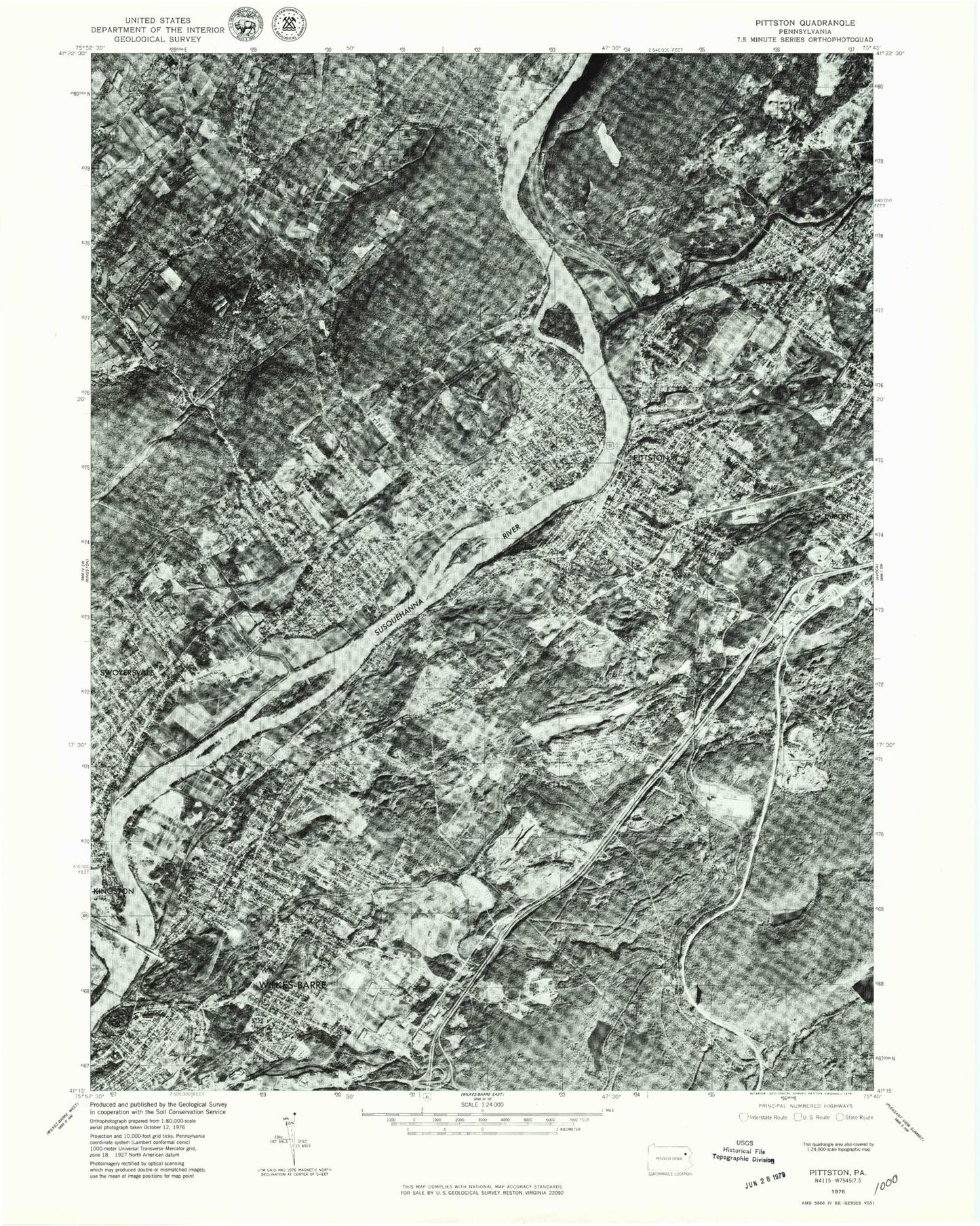 Classic USGS Pittston Pennsylvania 7.5'x7.5' Topo Map Image