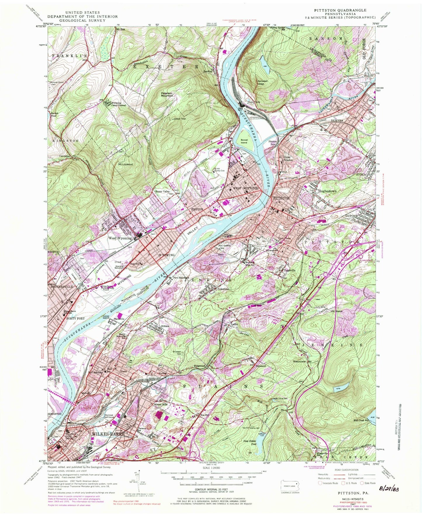 Classic USGS Pittston Pennsylvania 7.5'x7.5' Topo Map Image