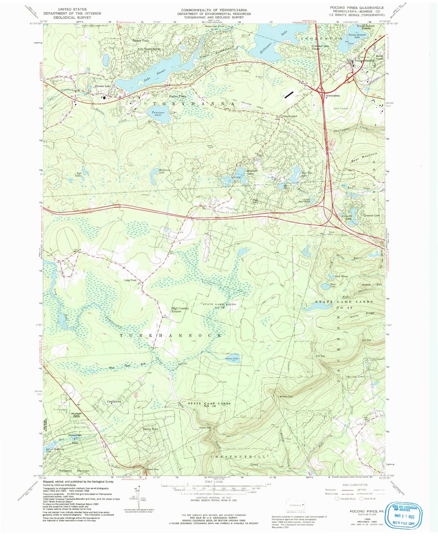 Classic USGS Pocono Pines Pennsylvania 7.5'x7.5' Topo Map Image