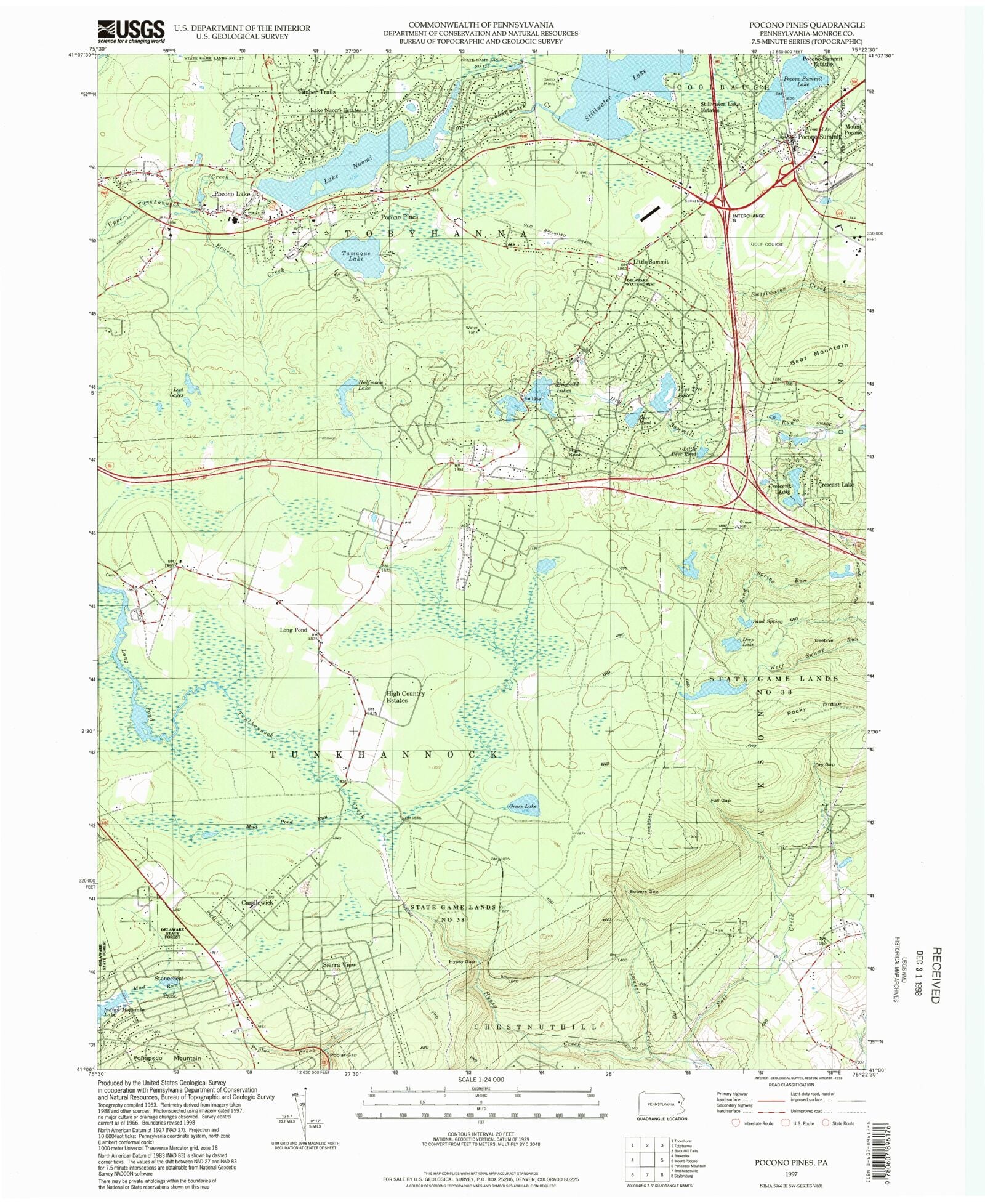 Classic USGS Pocono Pines Pennsylvania 7.5'x7.5' Topo Map MyTopo Map