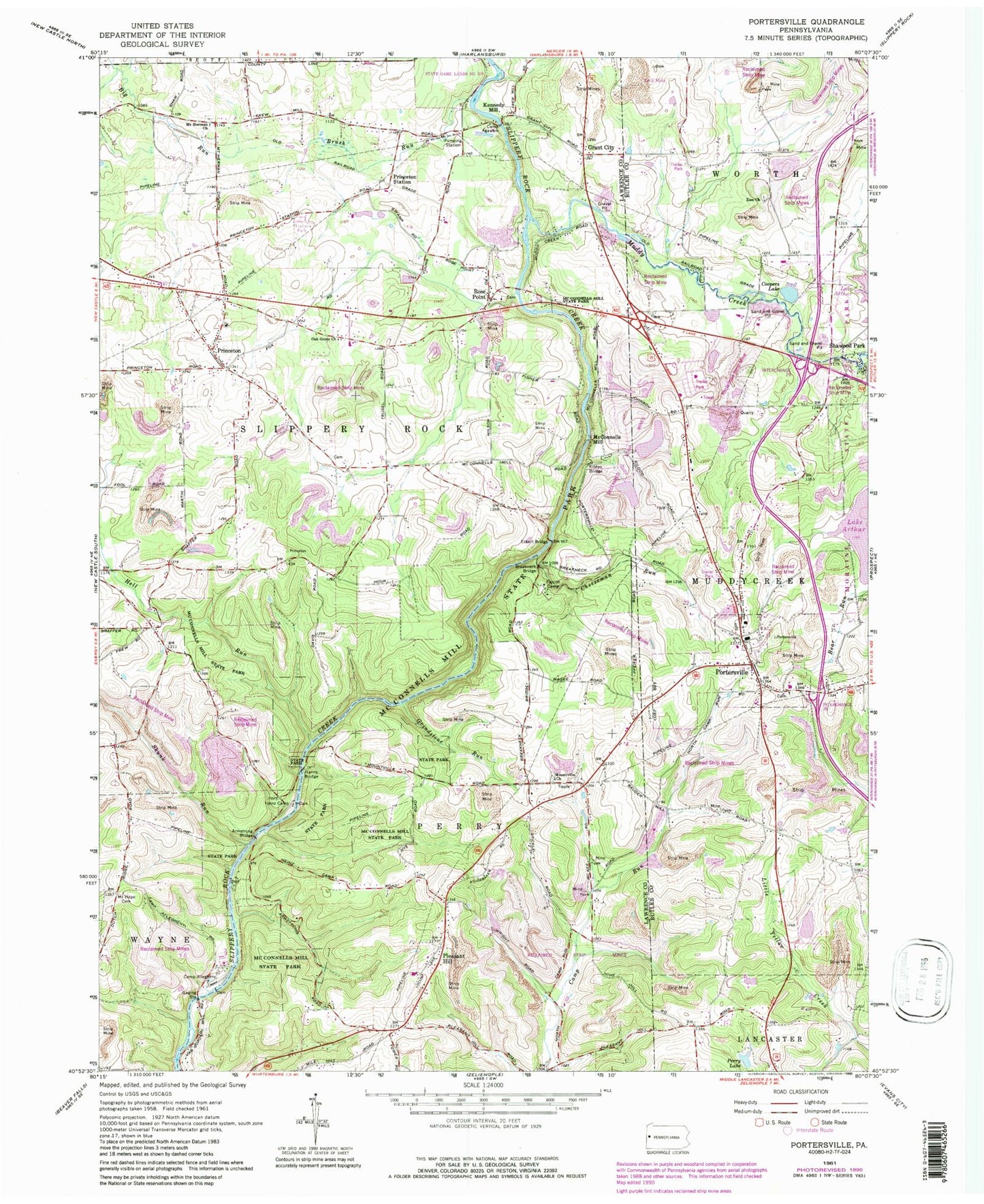 Classic USGS Portersville Pennsylvania 7.5'x7.5' Topo Map Image