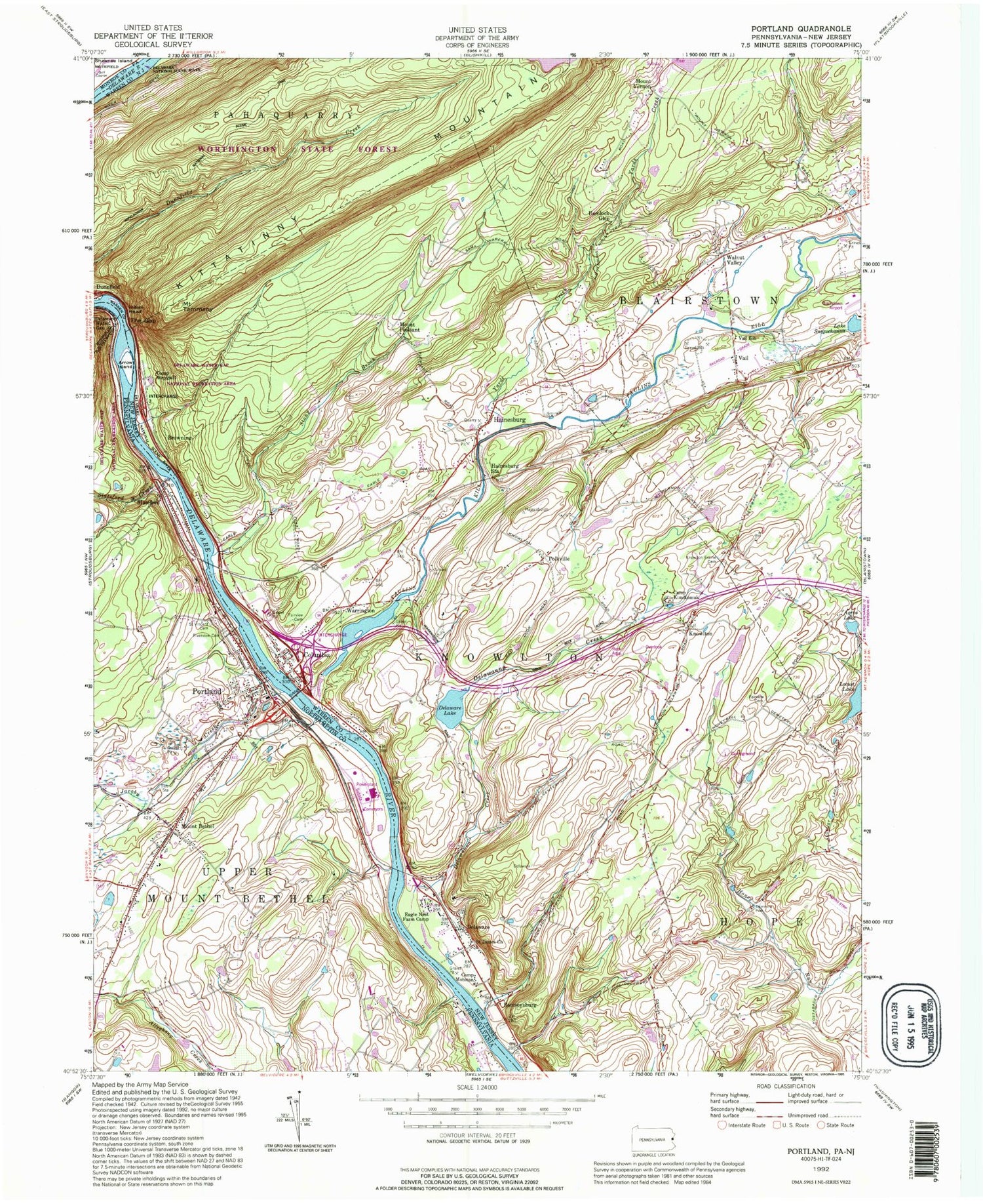 Classic USGS Portland Pennsylvania 7.5'x7.5' Topo Map Image