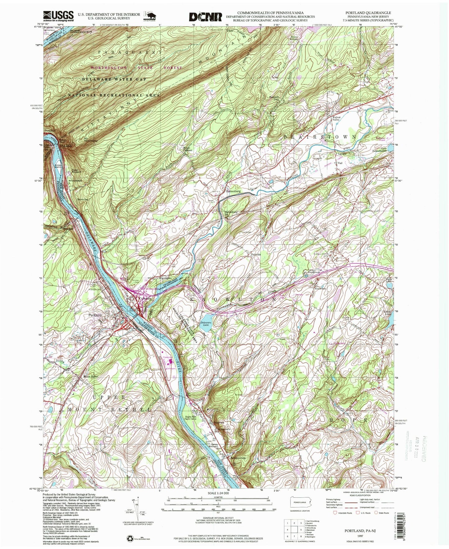 Classic USGS Portland Pennsylvania 7.5'x7.5' Topo Map Image