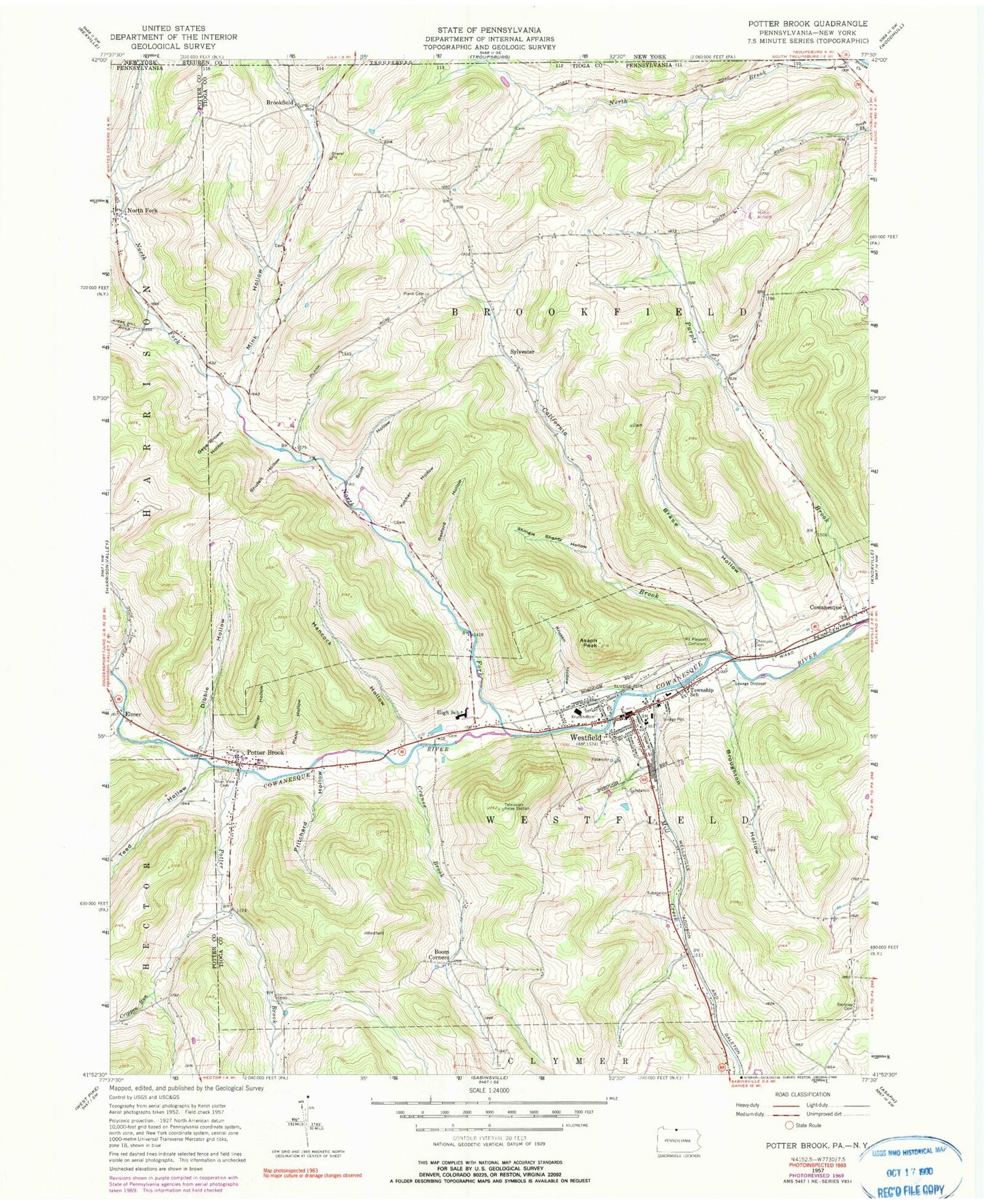Classic USGS Potter Brook Pennsylvania 7.5'x7.5' Topo Map Image