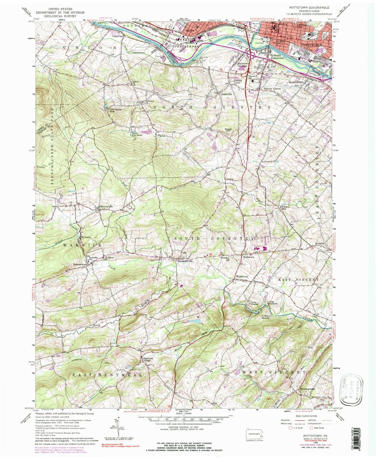 Classic USGS Pottstown Pennsylvania 7.5'x7.5' Topo Map Image