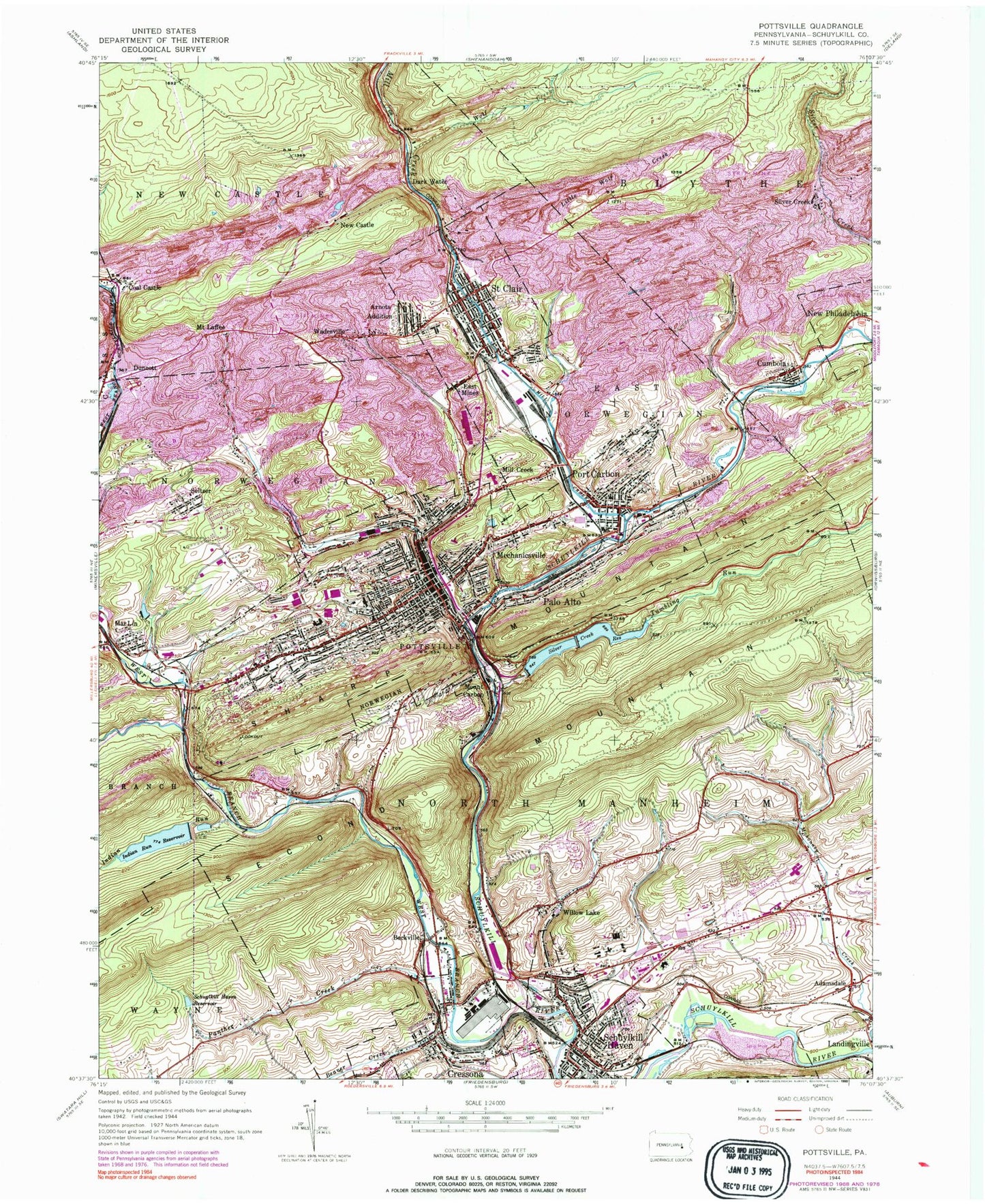 Classic USGS Pottsville Pennsylvania 7.5'x7.5' Topo Map Image