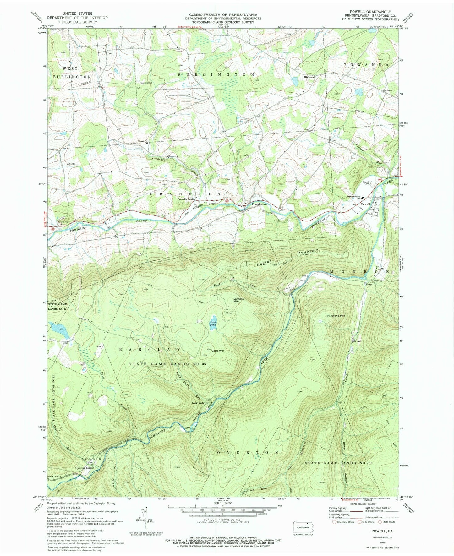 Classic USGS Powell Pennsylvania 7.5'x7.5' Topo Map Image