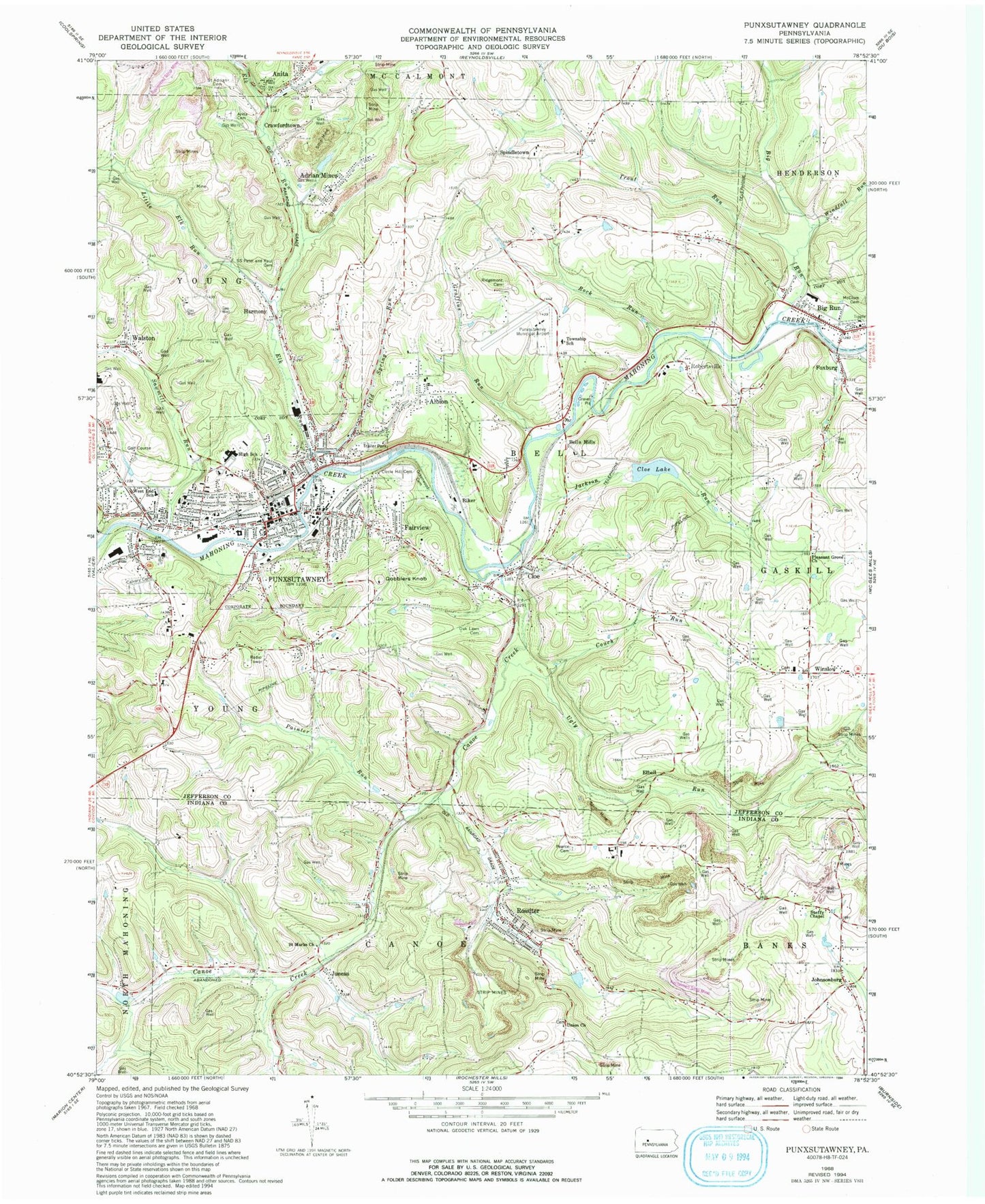 Classic USGS Punxsutawney Pennsylvania 7.5'x7.5' Topo Map Image