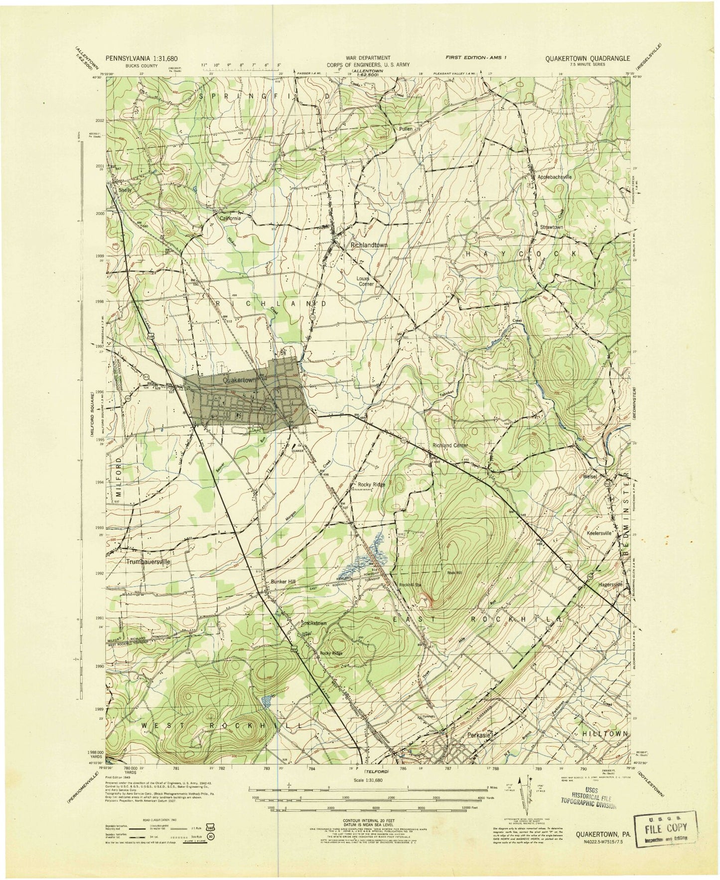 Classic USGS Quakertown Pennsylvania 7.5'x7.5' Topo Map Image
