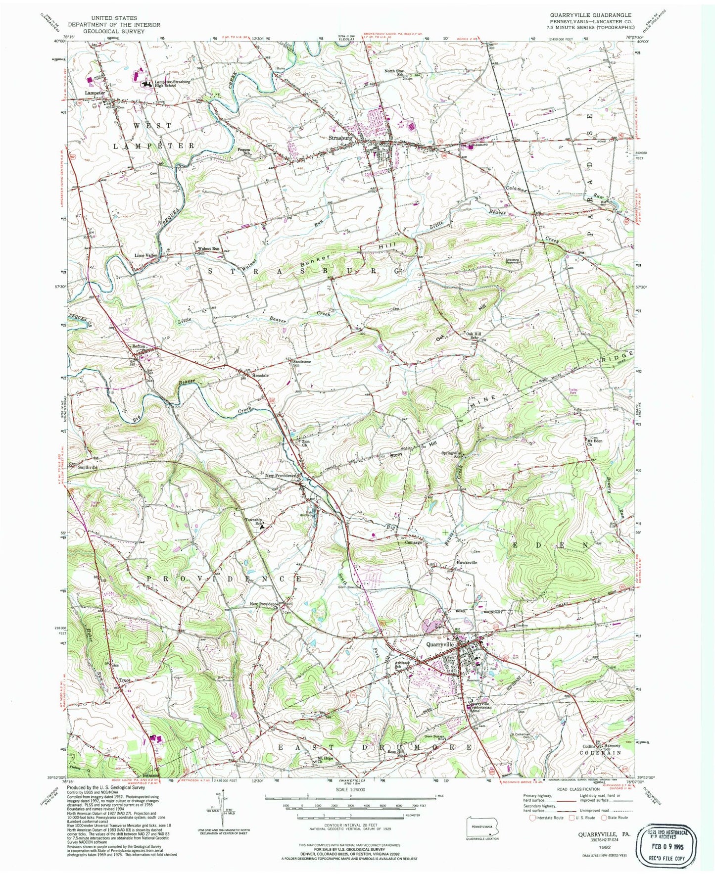 Classic USGS Quarryville Pennsylvania 7.5'x7.5' Topo Map Image