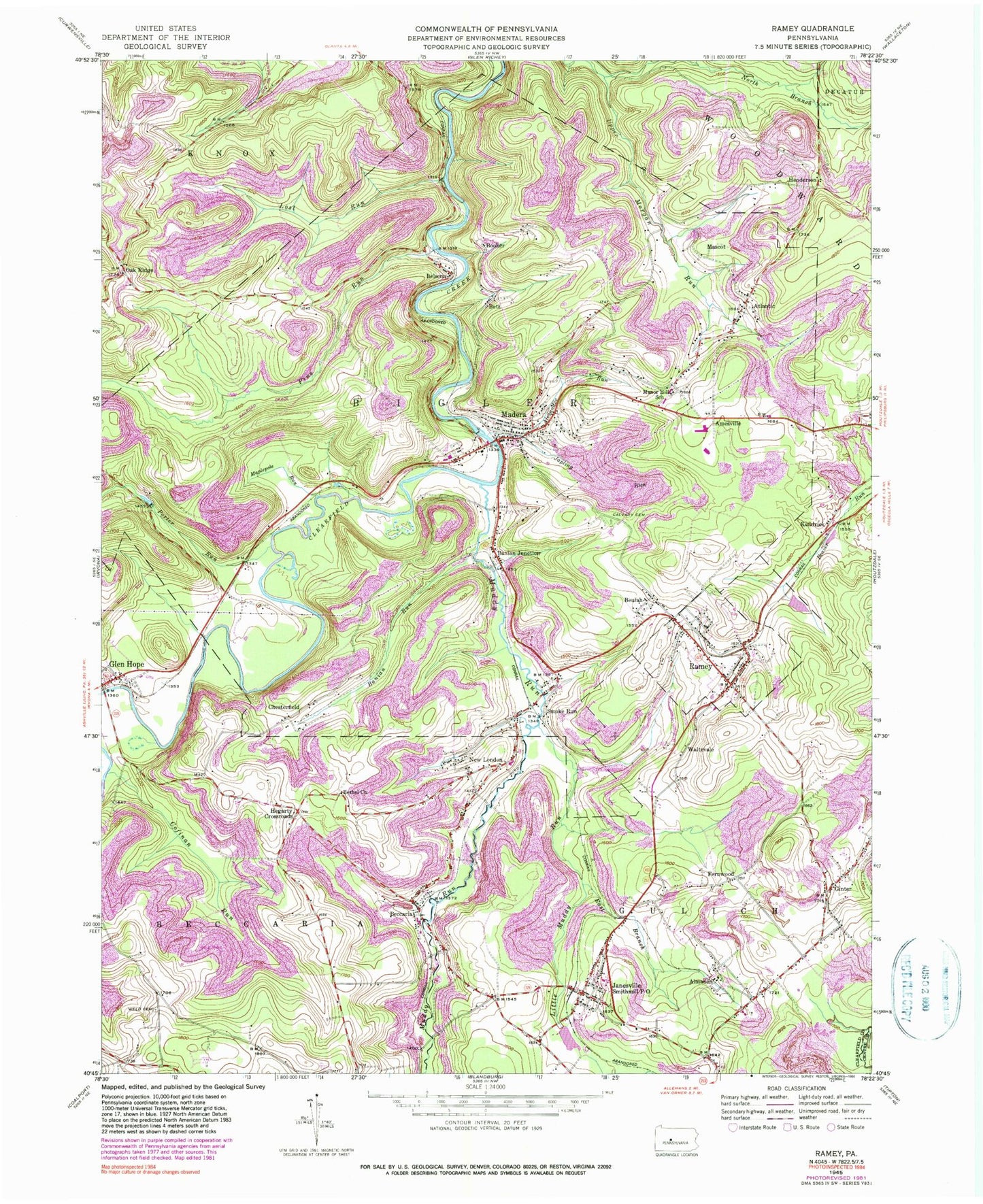 Classic USGS Ramey Pennsylvania 7.5'x7.5' Topo Map Image