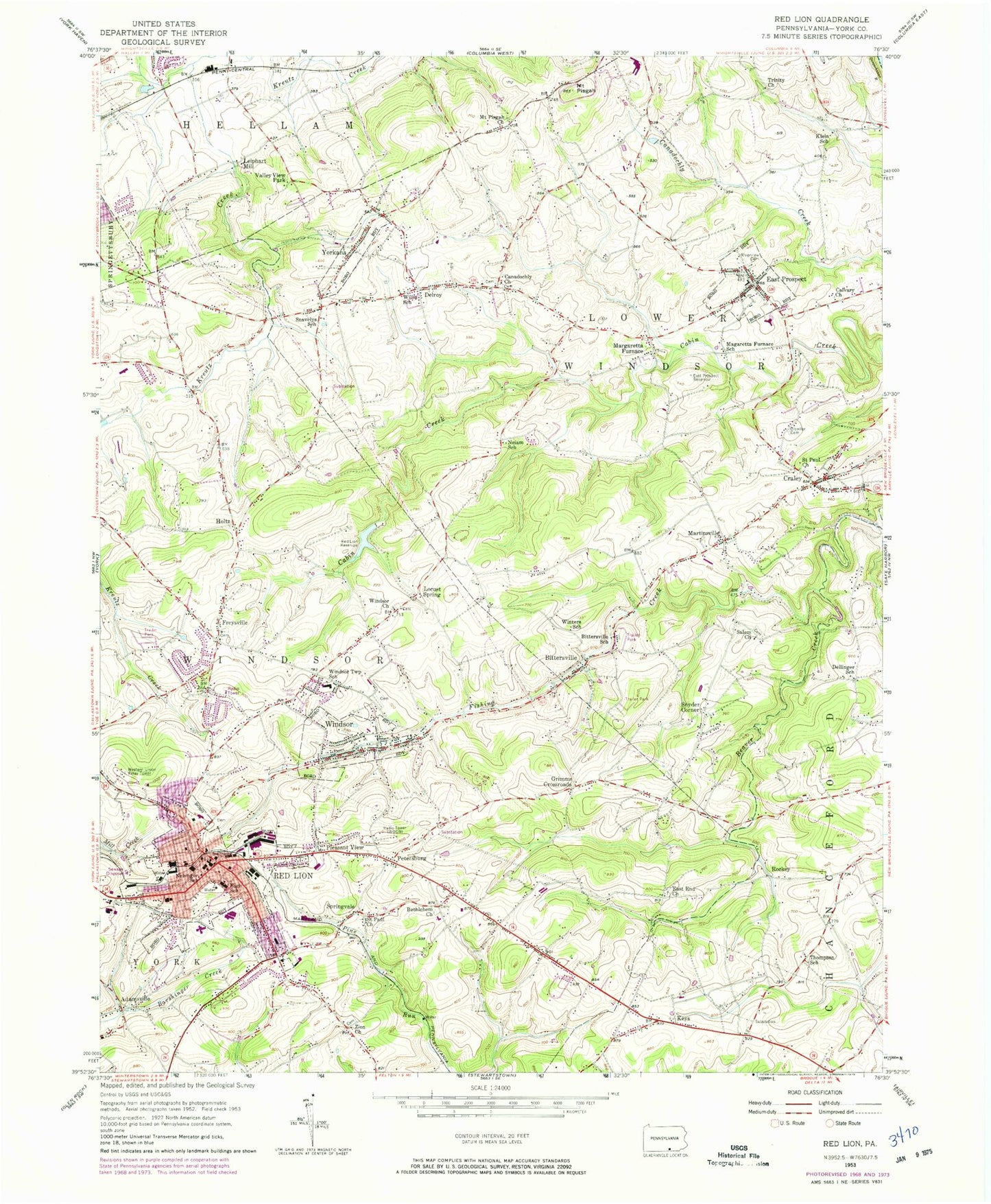 Classic USGS Red Lion Pennsylvania 7.5'x7.5' Topo Map Image