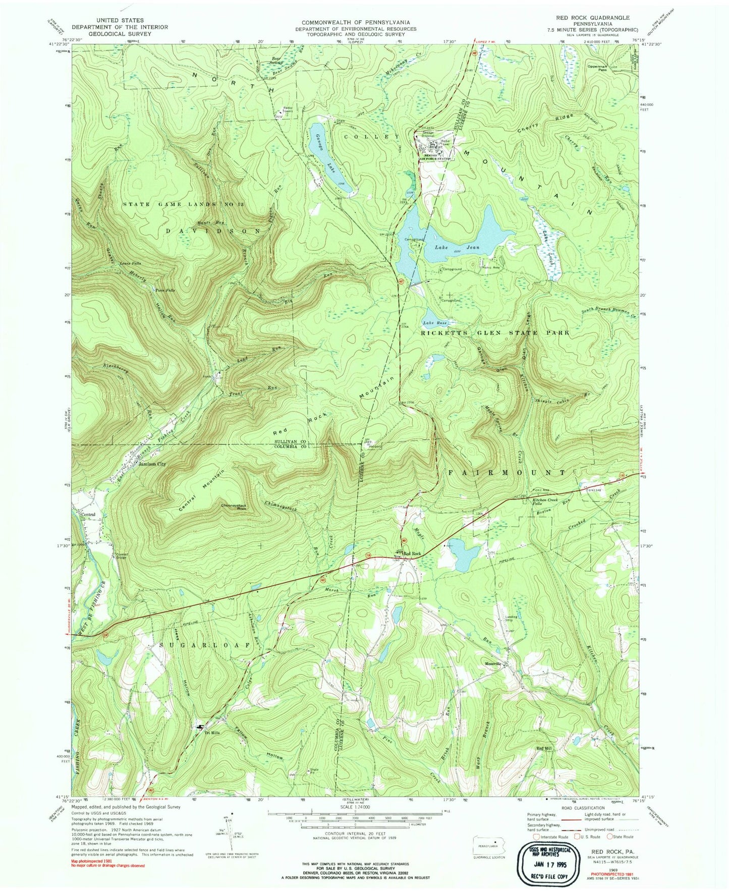 Classic USGS Red Rock Pennsylvania 7.5'x7.5' Topo Map Image