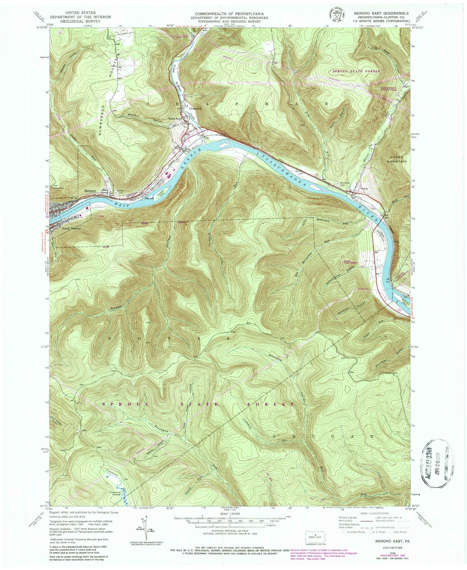 Classic USGS Renovo East Pennsylvania 7.5'x7.5' Topo Map Image